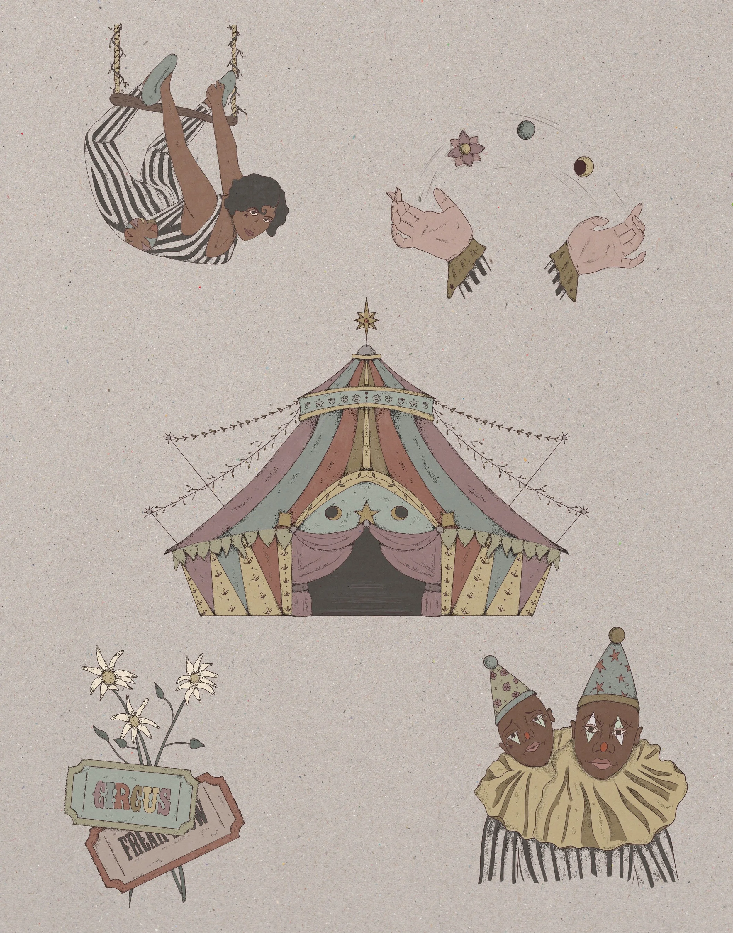 A vintage-style illustration of a circus scene with a striped tent, a woman hanging upside down from trapeze, two clowns wearing pointed hats, two hands juggling, and a sign that says "Circus" with flowers.