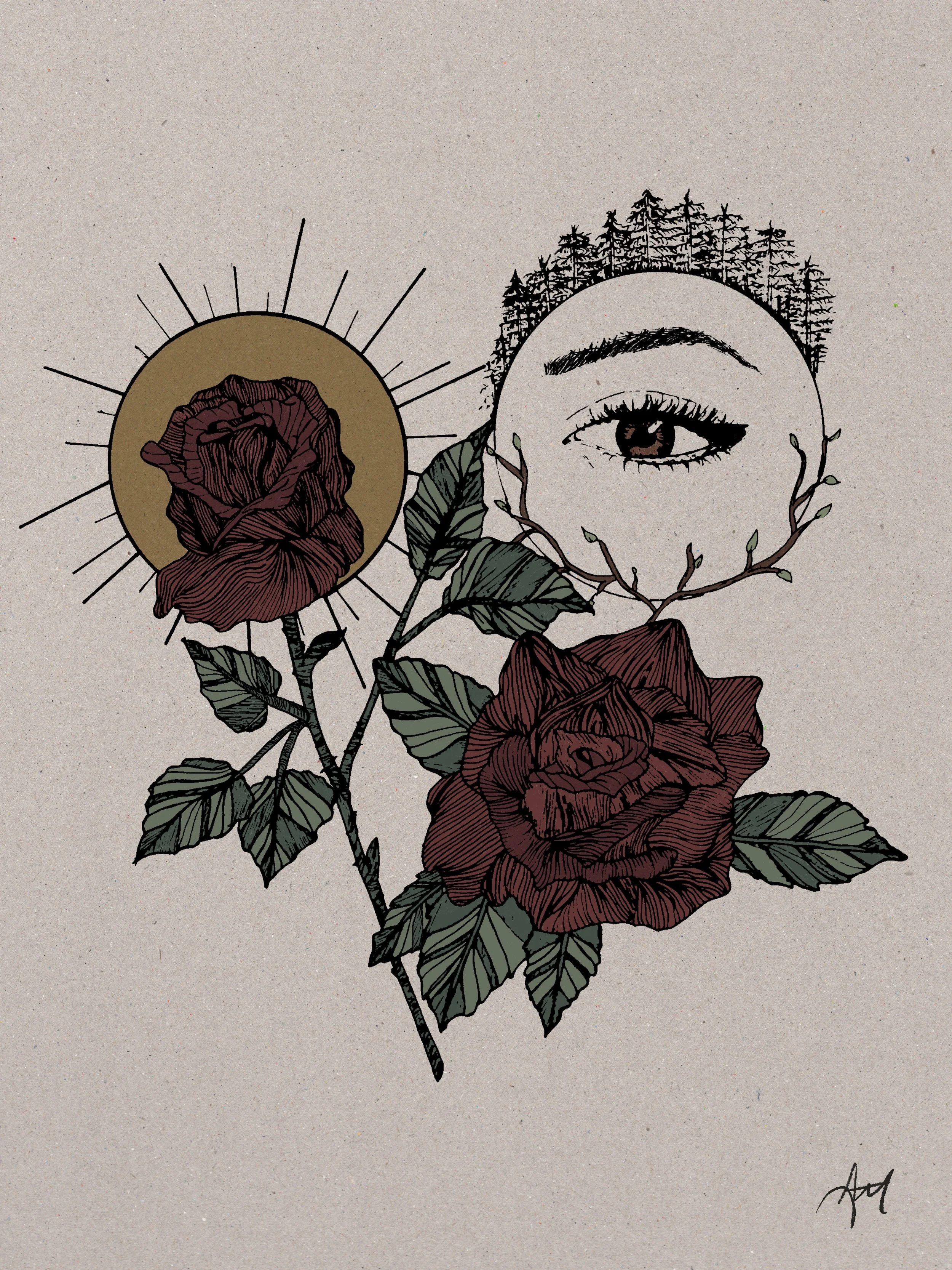 Illustration of a single eye with forest scenery on the eyebrow, surrounded by three dark red roses with green leaves, and a sun with rays behind one rose.