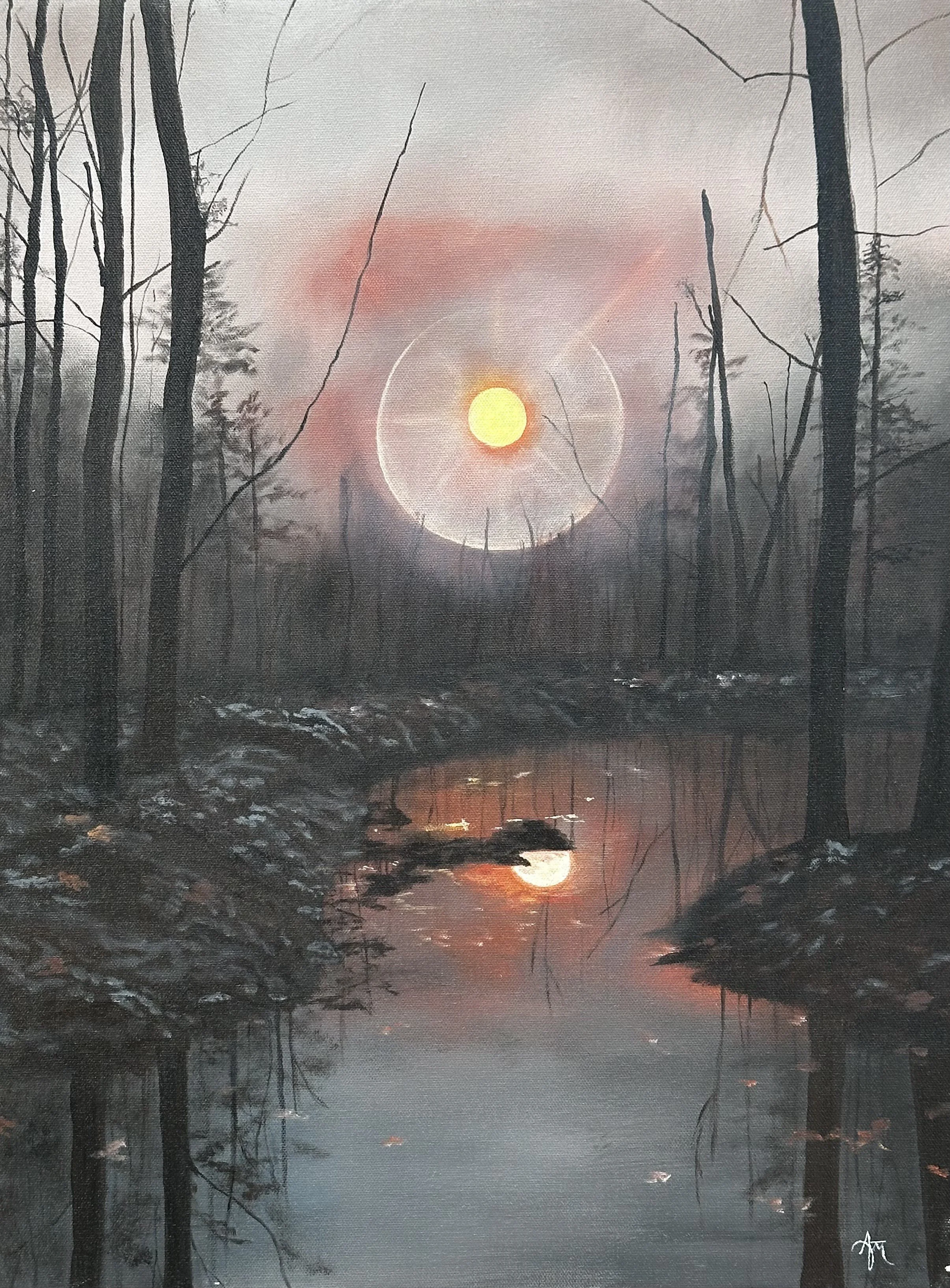 A painting of a forest at dusk with a river reflecting the moon and the setting sun, surrounded by leafless trees and a pinkish sky.
