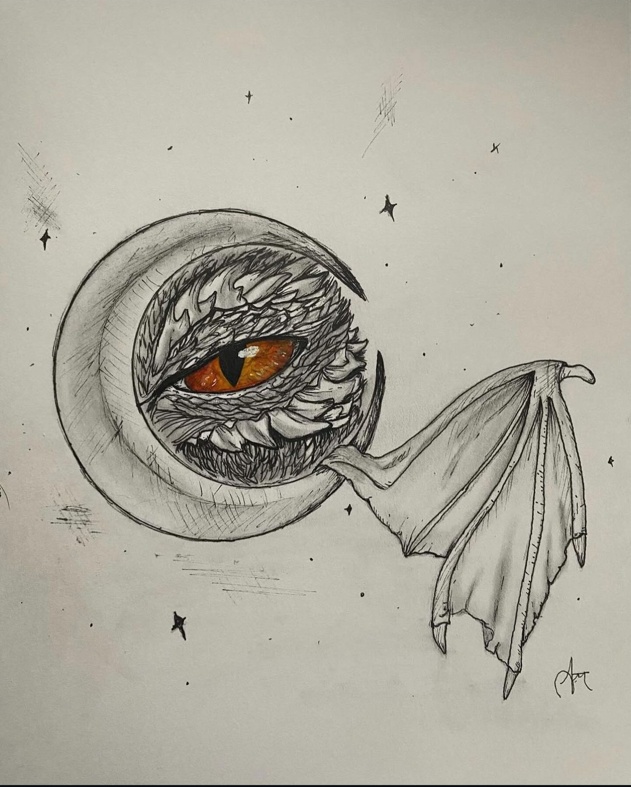 A surreal drawing of a moon with a large, realistic eye that has an orange iris, set against a starry background.