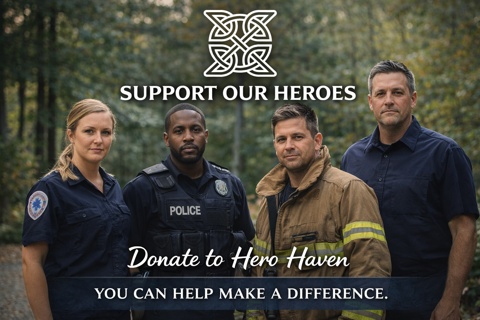 A group of four emergency responders (a female paramedic, a male police officer, a male firefighter, and a male civilian) standing in a wooded area. There is text overlay that says, "Support Our Heroes" and "Donate to Hero Haven" with a call to action, "You can help make a difference."