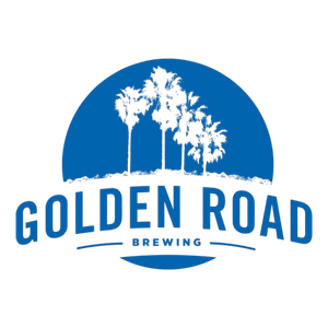 Golden Road Brewing logo with three palm trees over a blue circular background.