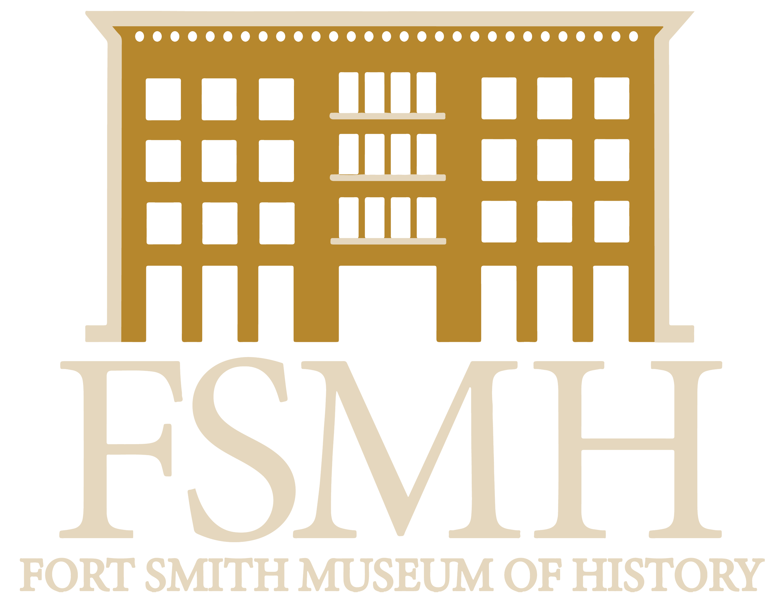 Logo for Fort Smith Museum of History with a stylized building and the initials FSMH.