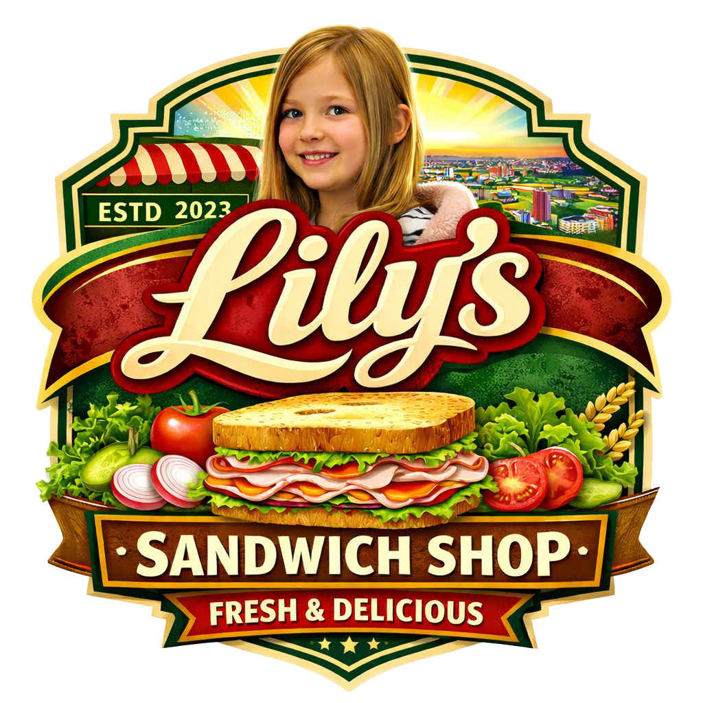 A colorful logo for Lily's Sandwich Shop featuring a smiling young girl with blonde hair, an illustration of a sandwich with lettuce, tomato, and meats, and various vegetables. The logo includes the text "Lily's," "SANDWICH SHOP," and "FRESH & DELICIOUS," with a background of a cityscape and a green landscape, and highlights of the establishment year "ESTD 2023."