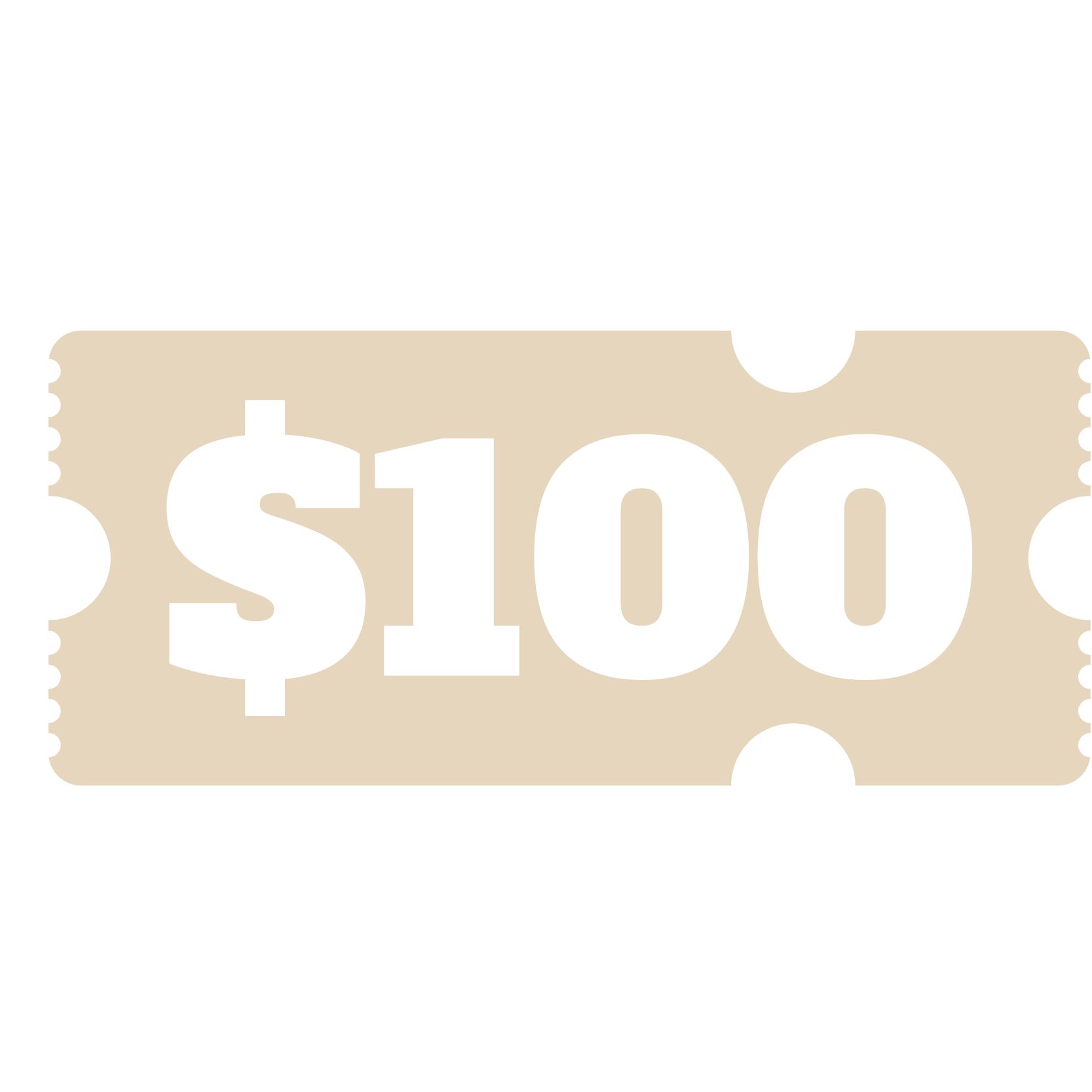 Illustration of a beige VIP ticket with '$100' written in large white text.