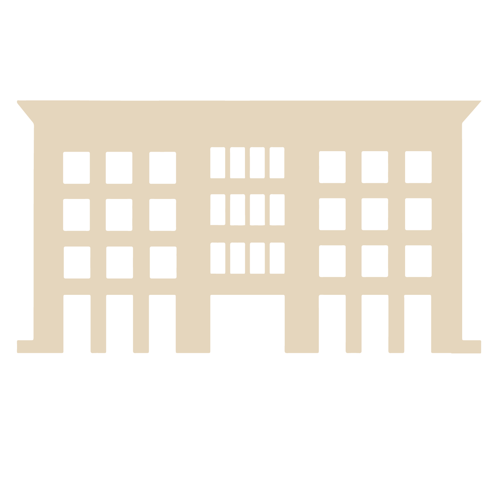 Simplified illustration of a multi-story beige building with multiple windows against a black background.