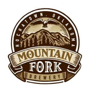 Logo of Mountain Fork Brewery featuring mountain peaks, trees, and a bird with the text "Mountain Fork Brewery" and website "okin.com".