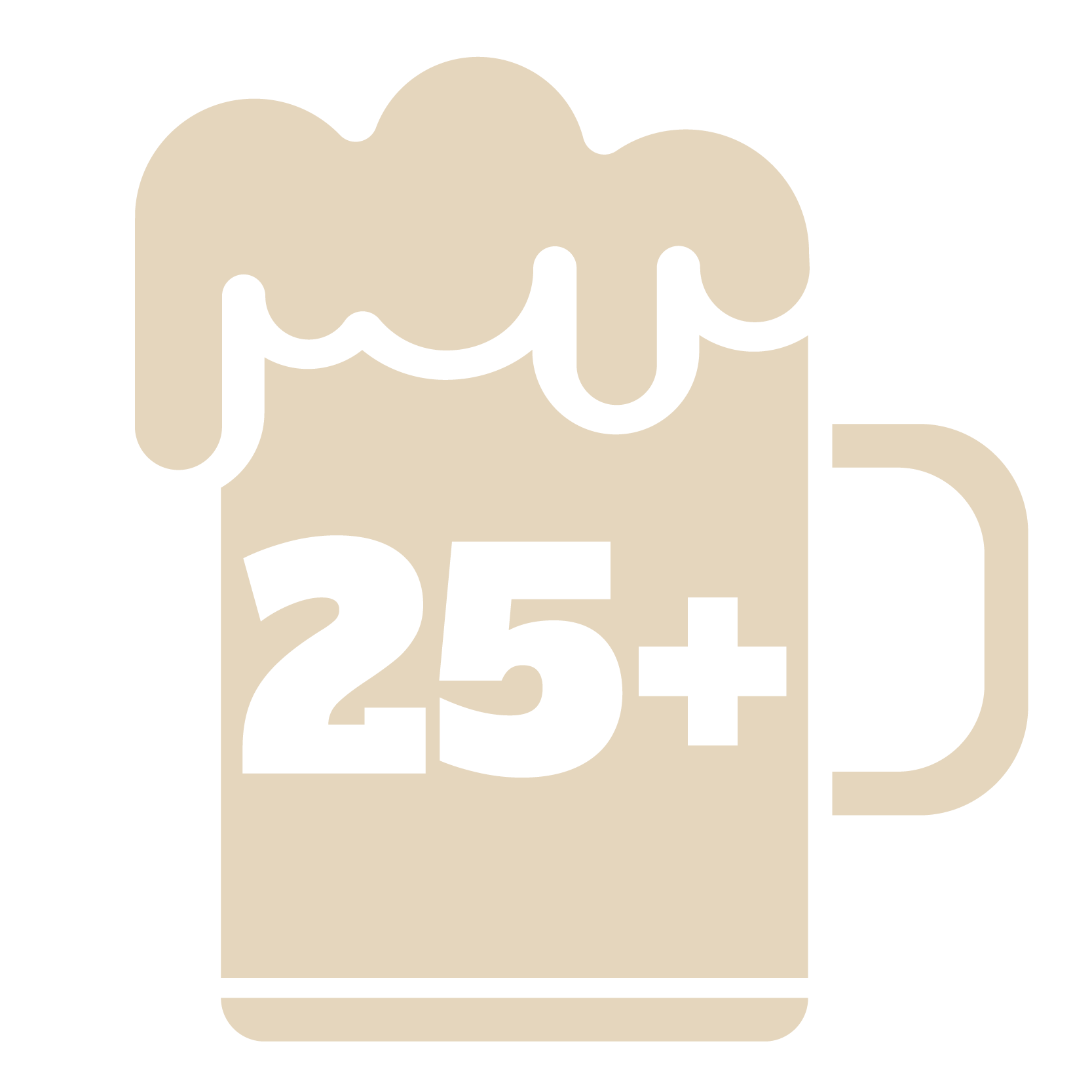 A beer beverage mug with foam on top and the text '25+' on the front.