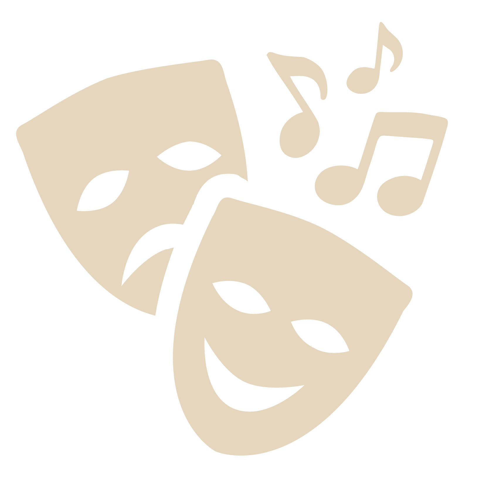 The image features two theatrical masks, one with a happy expression and the other with a sad or neutral expression, overlapping each other. Musical notes are depicted emerging from the top of the masks, indicating the theme of drama and music.