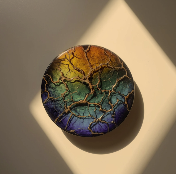 A round decorative plate with a crackle pattern and colorful abstract design, placed on a light surface with shadow and a geometric light pattern above.