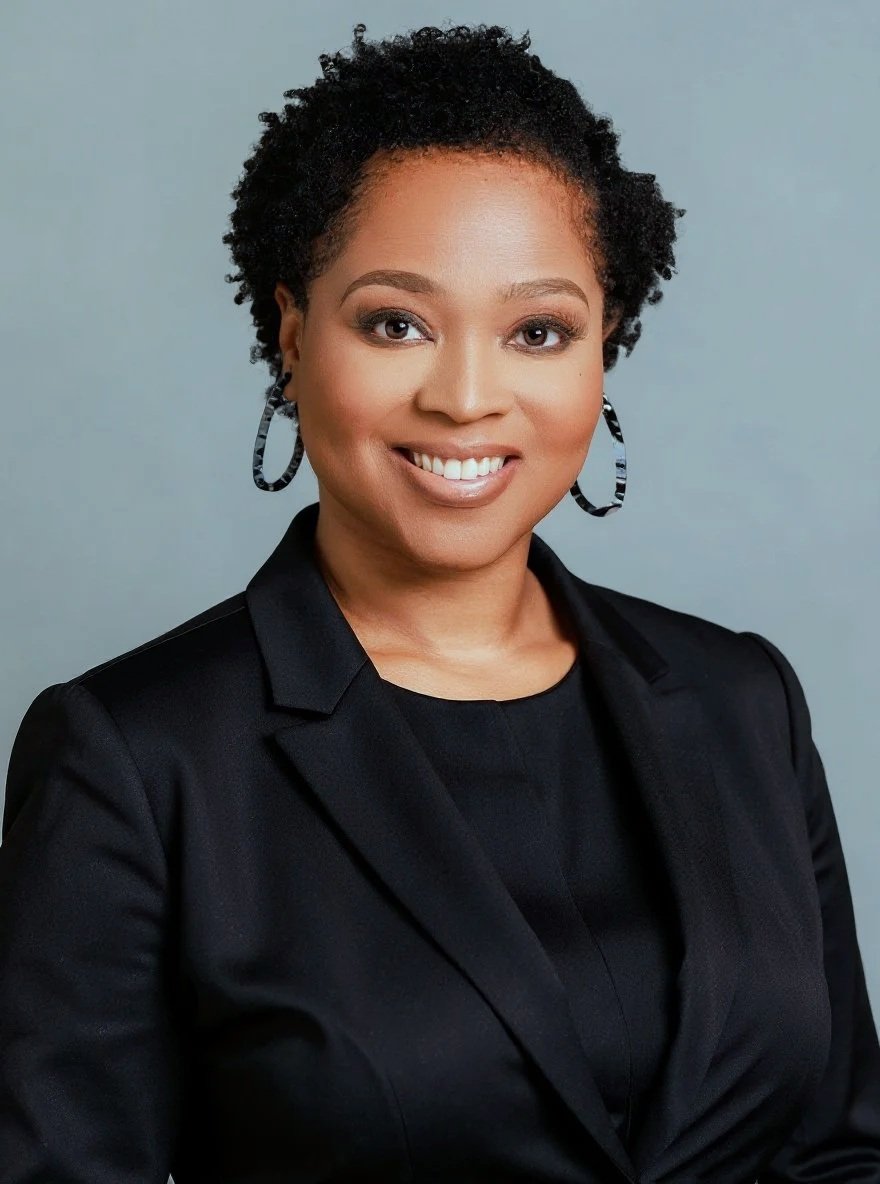 A woman with short curly hair smiling, wearing a black blazer and hoop earrings, against a plain gray background.
