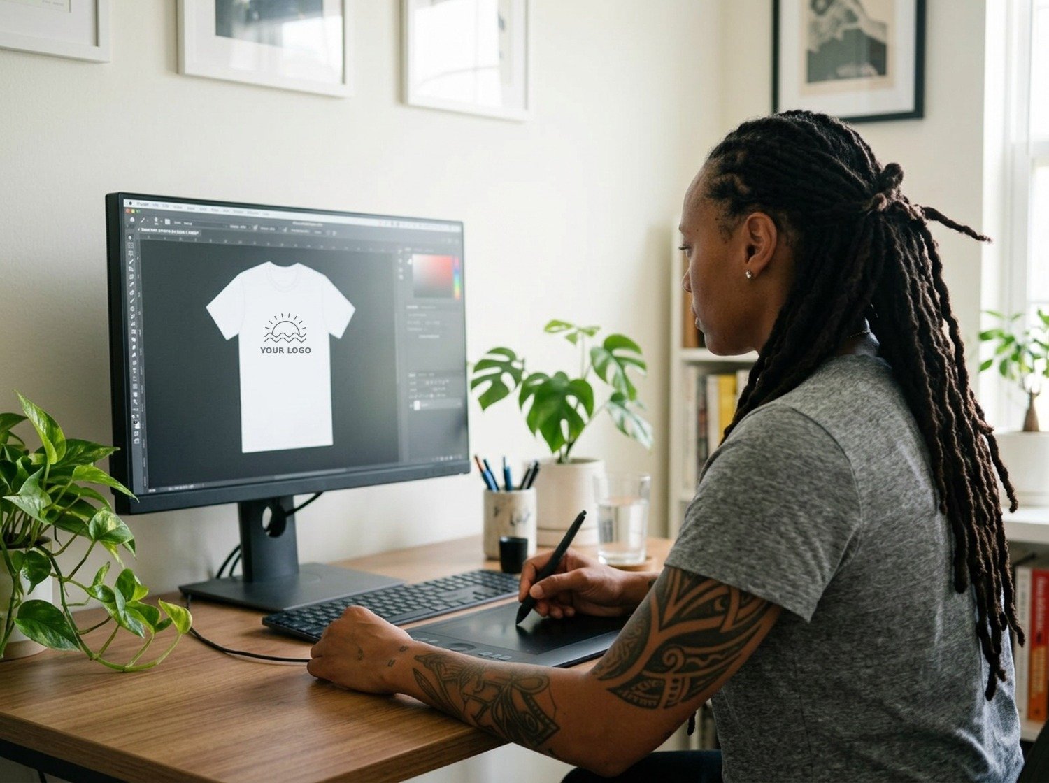 Designer creating a custom tee graphic on a pen tablet