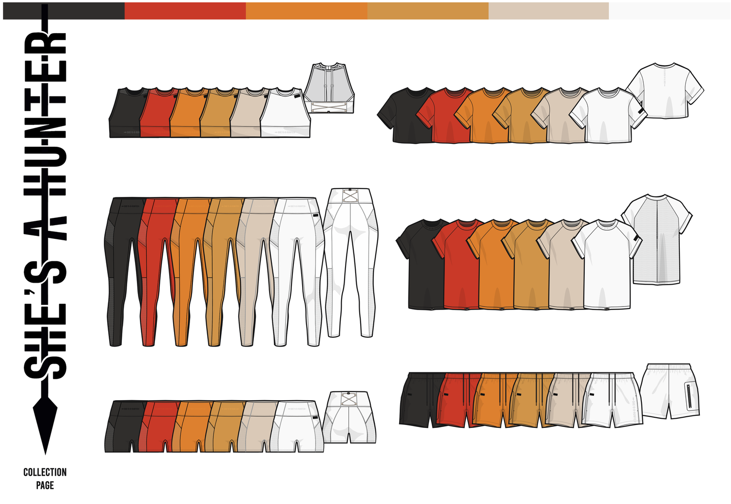 Collection tech pack with garment flats and colorways