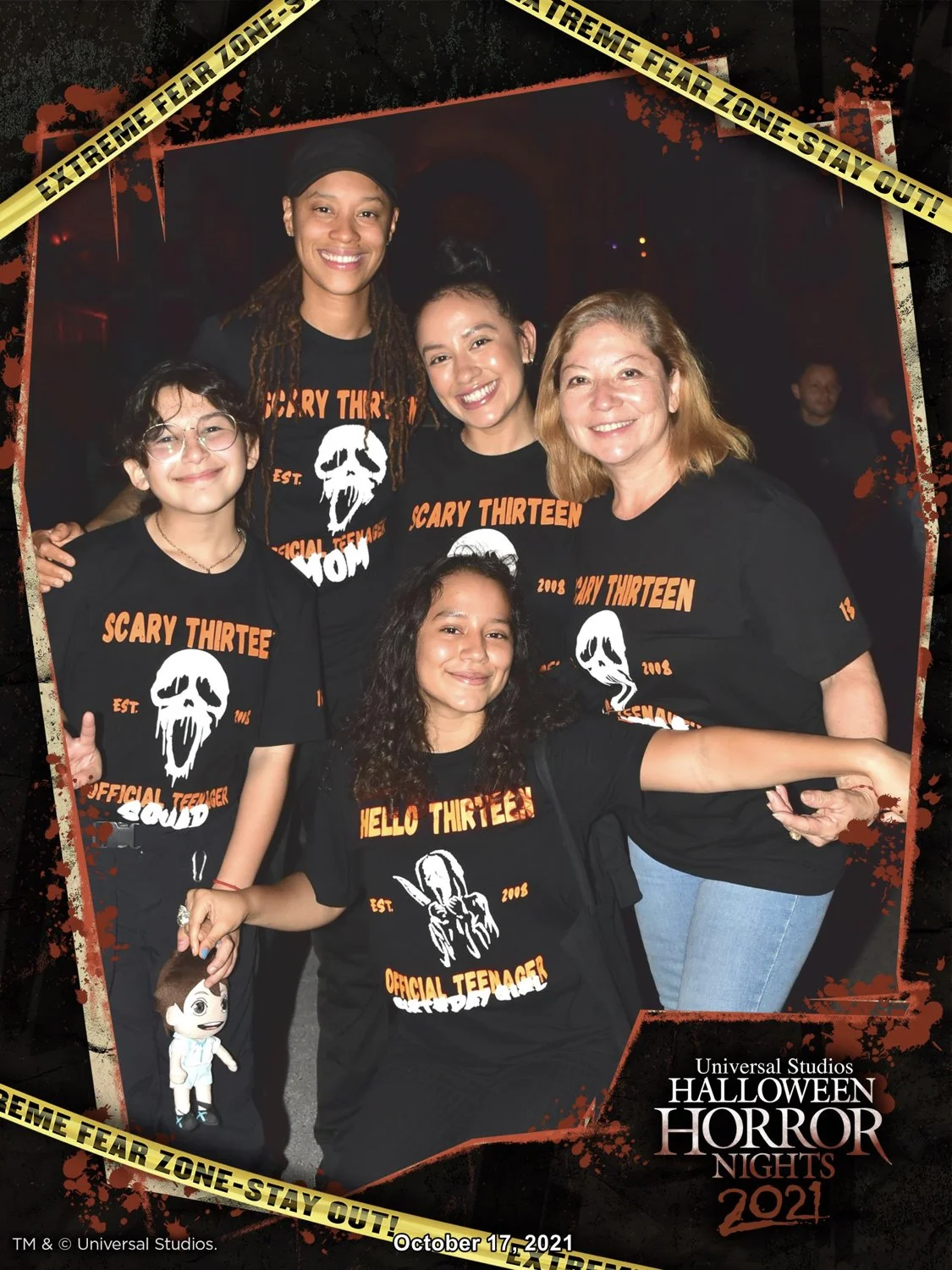 Group in custom Scary Thirteen tees at Halloween Horror Nights