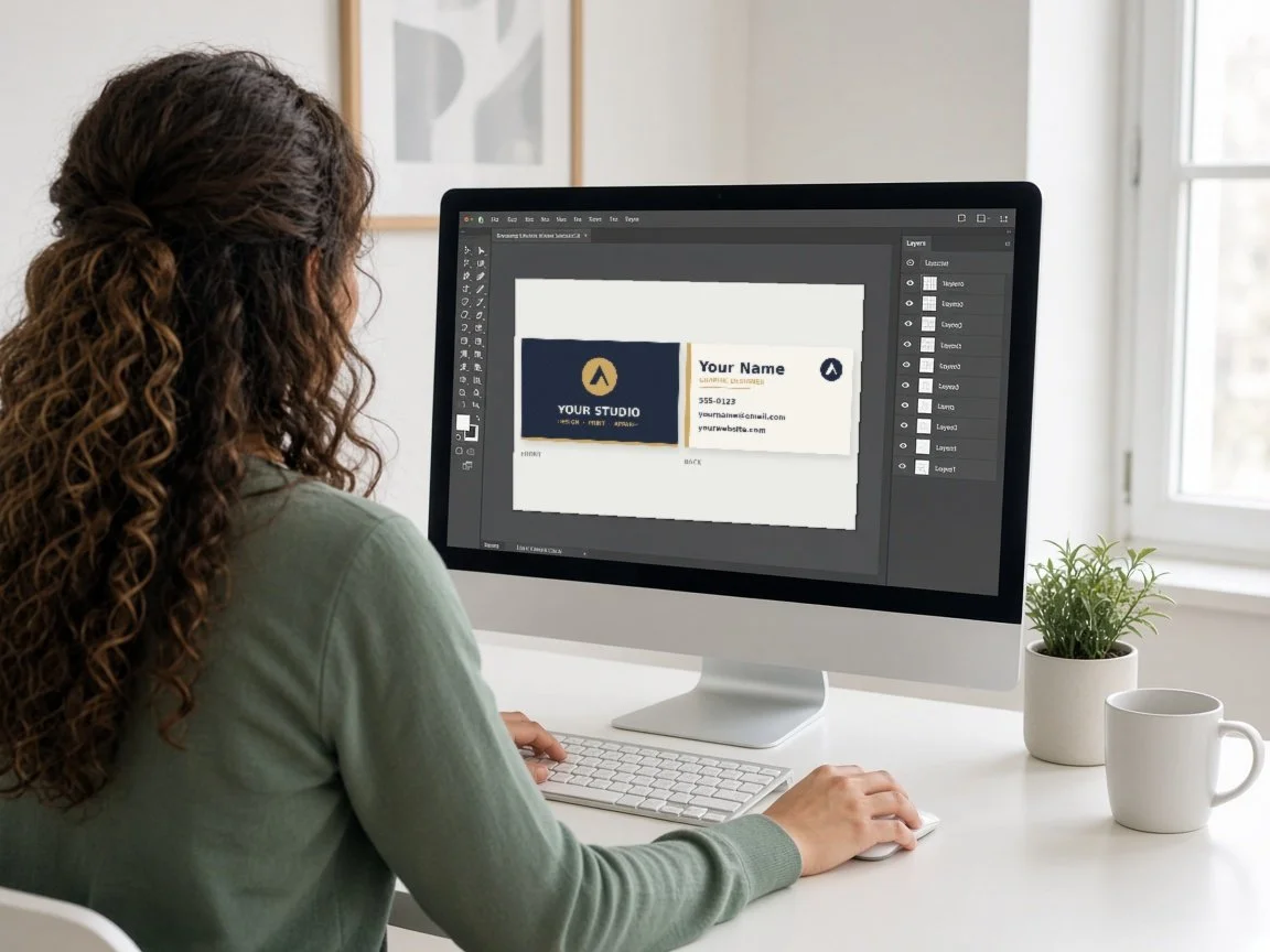 Designer creating a custom business card in Photoshop