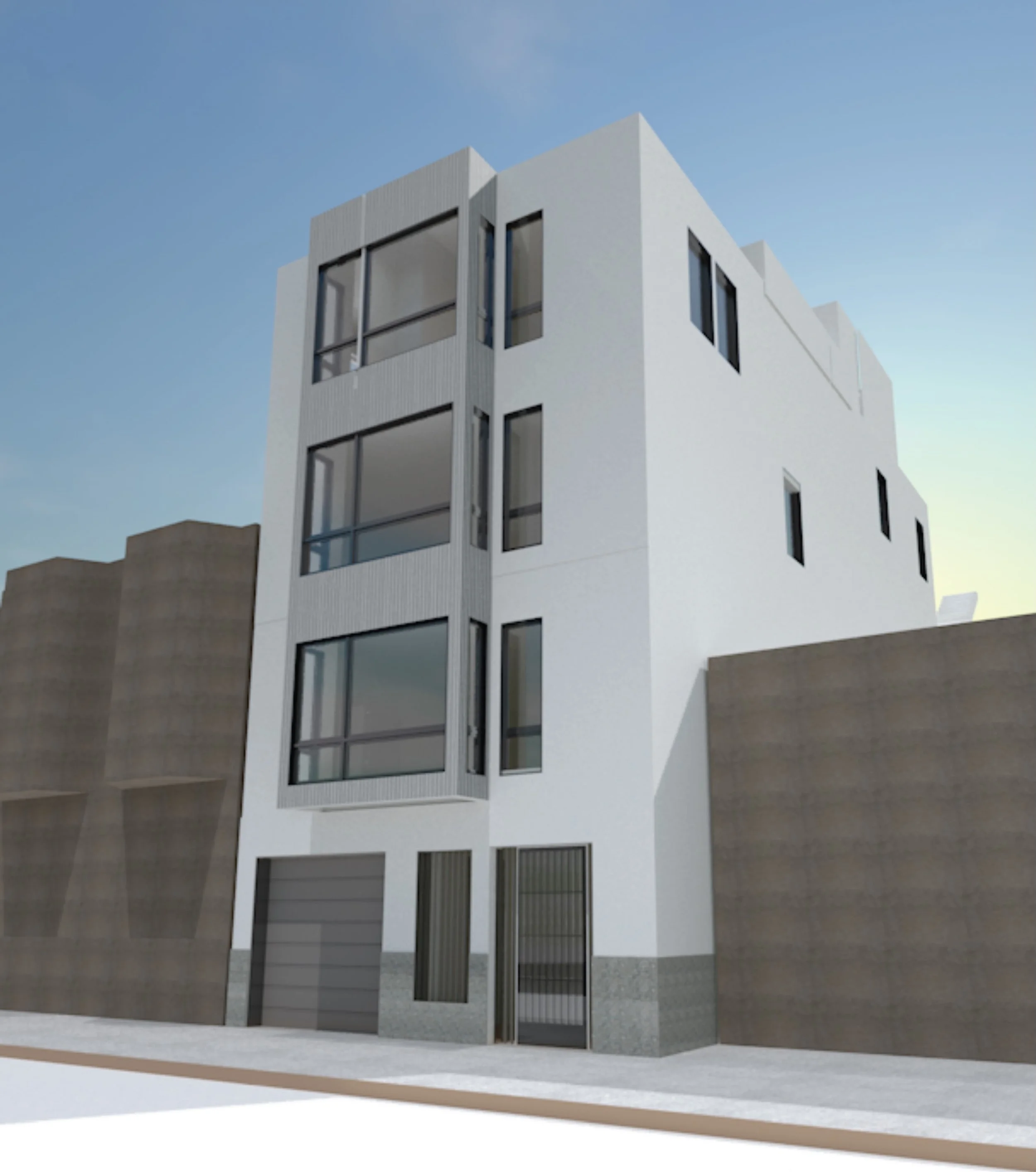 Modern multi-story building with white walls, large windows, and balconies, situated between two brown structures under a clear sky.