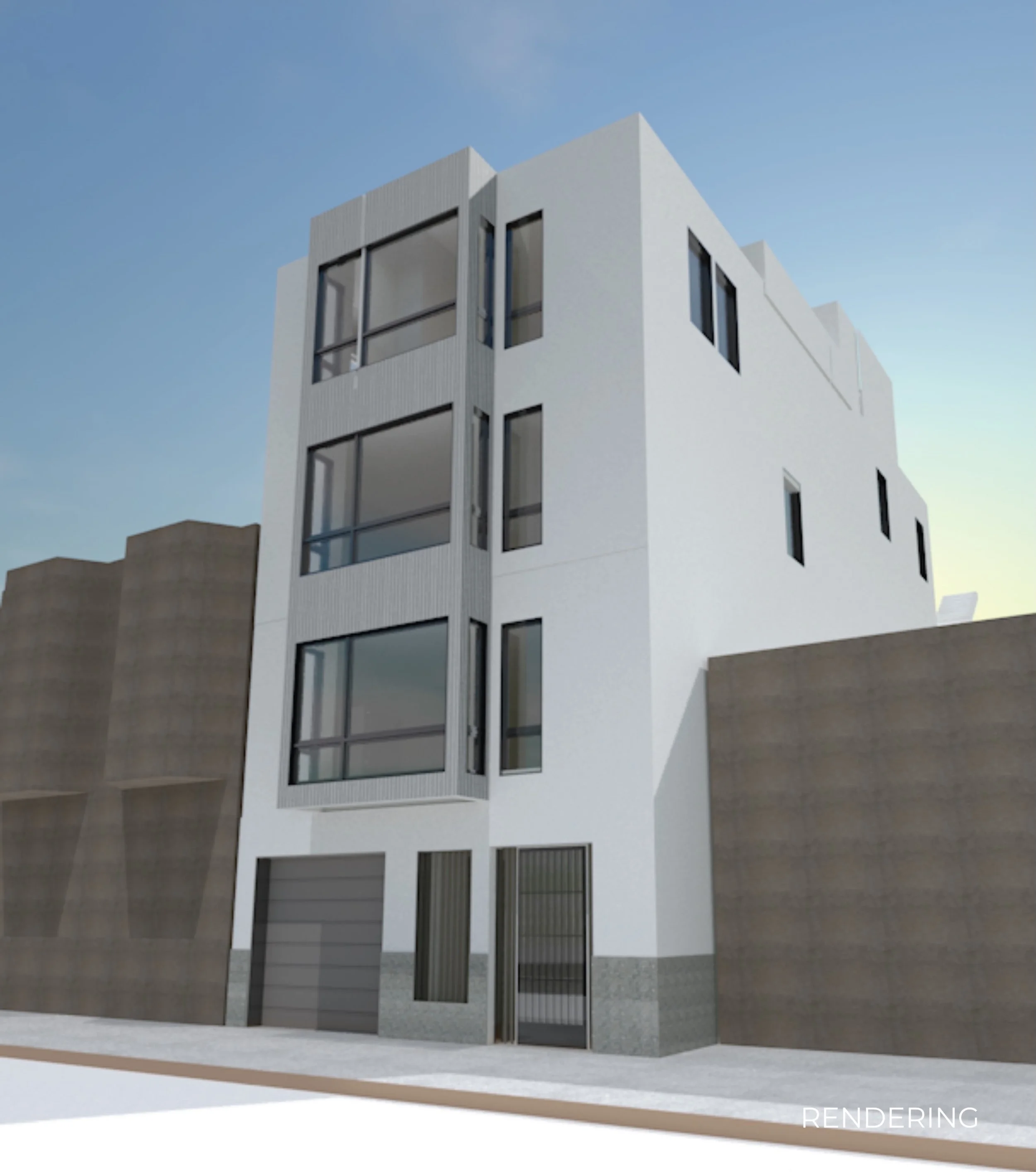 Modern white multi-story building with large windows and balconies, set against a blue sky.