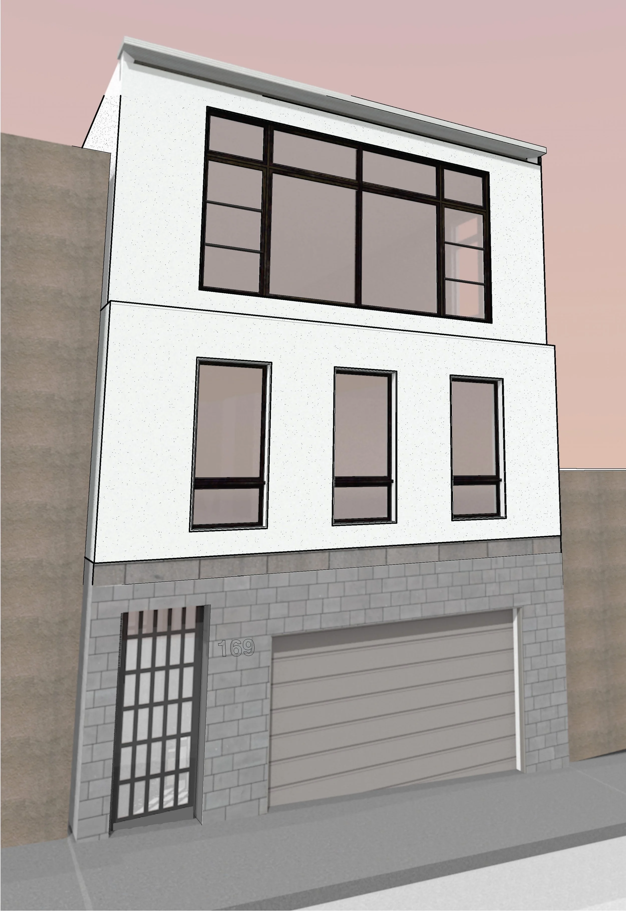 Digital rendering of a modern, three-story residential building with a garage, metal gate, and multiple large windows.
