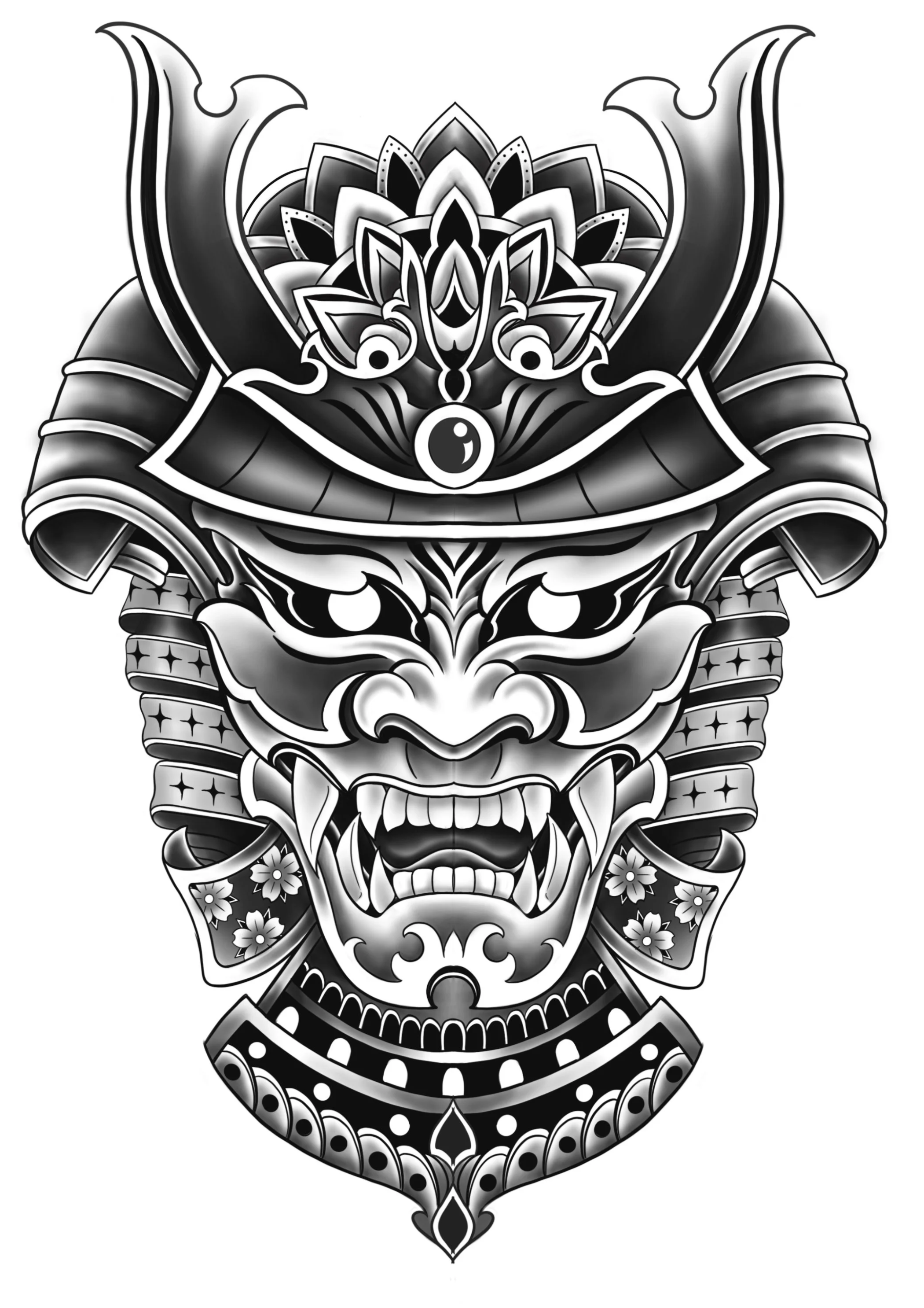 A black and white tattoo-style illustration of a fierce Asian demon mask with intricate details and floral designs.