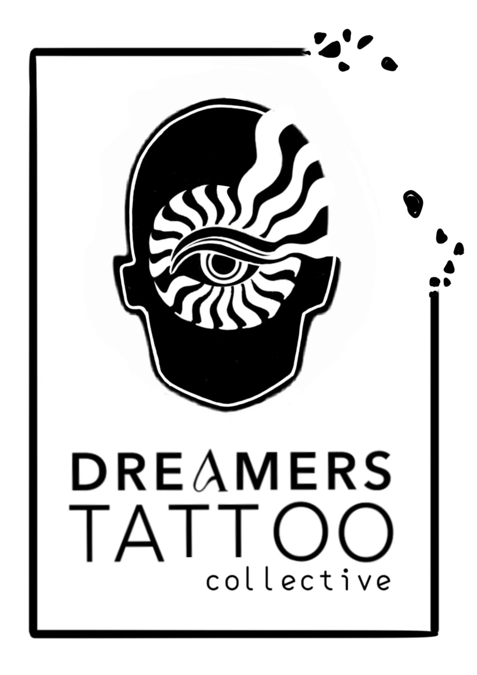 A black and white logo for Dreamers Tattoo Collective, featuring a human head with an eye and swirling lines in place of the face, with the text "Dreamers Tattoo Collective" below.