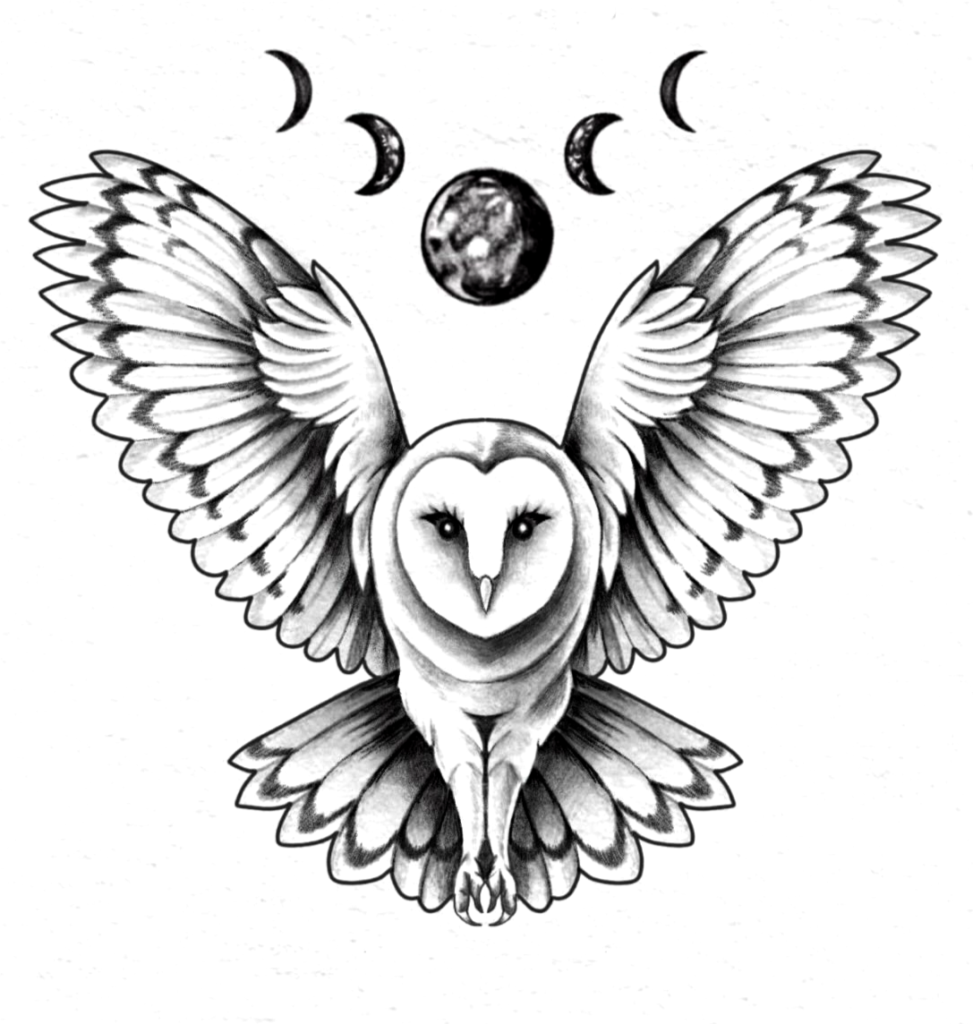 A black and white drawing of an owl with outstretched wings, surrounded by the moon phases and a planet in the background.