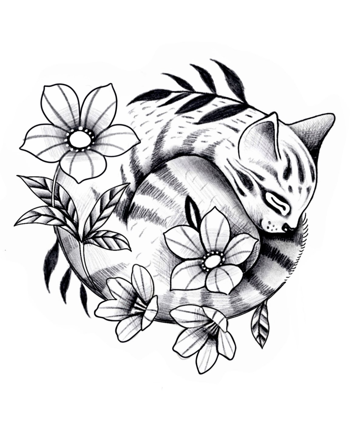 Black and white drawing of a curled-up tiger surrounded by flowers and leaves.