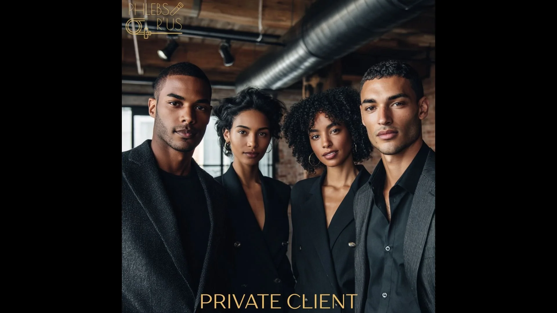 A diverse group of four young professionals, two men and two women, dressed in formal black attire, standing indoors with a brick wall and industrial-style ceiling behind them.