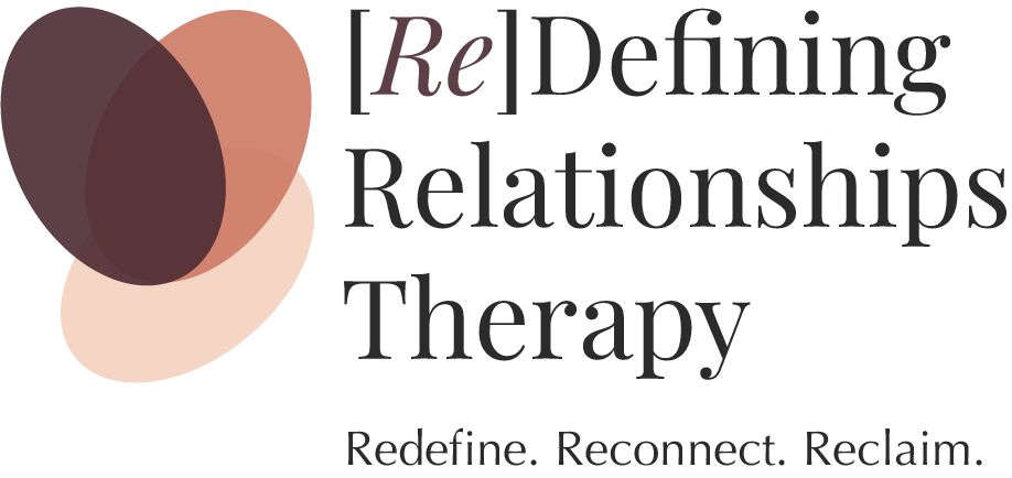 Text that reads [Re]Defining Relationships Therapy, with a logo of overlapping circles in shades of brown and beige to the left. Tagline underneath reads: Redefine. Reconnect. Reclaim.