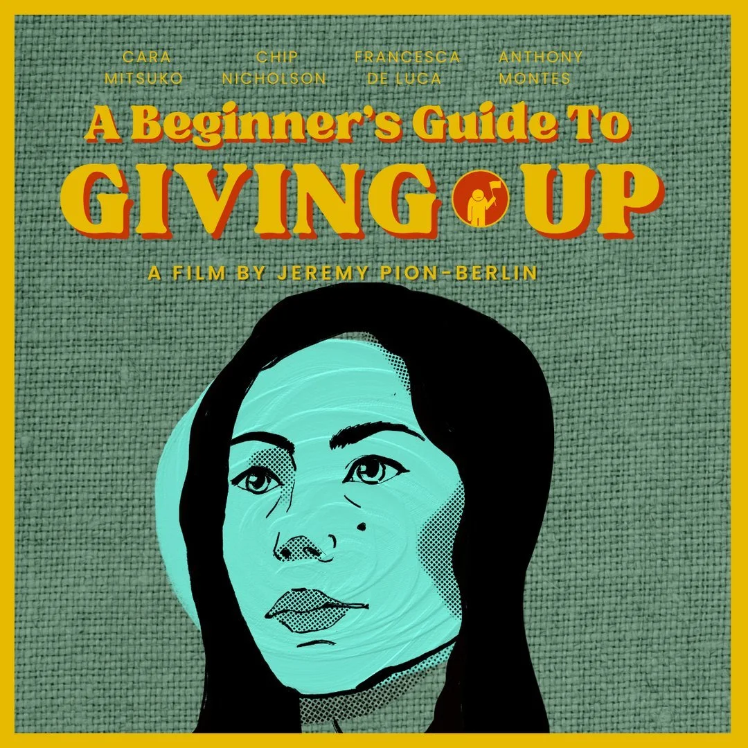 Book cover titled "A Beginner's Guide to Giving Up" with illustrated woman's face and yellow border.