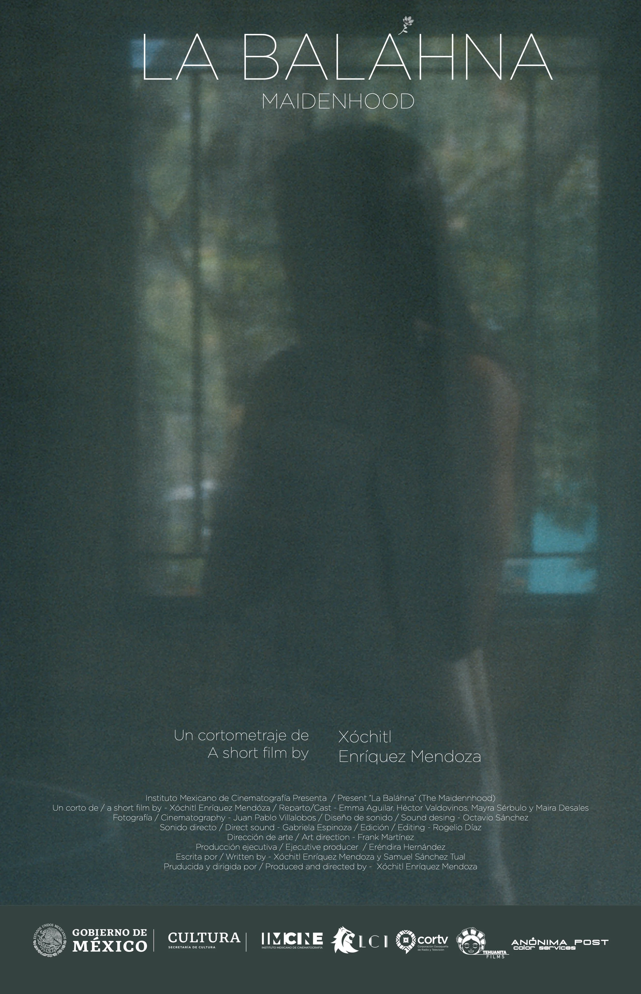 Poster for the short film 'La Bálahna (The Maidenhood)' showing a silhouette of a woman standing behind a curtain with trees visible in the background.