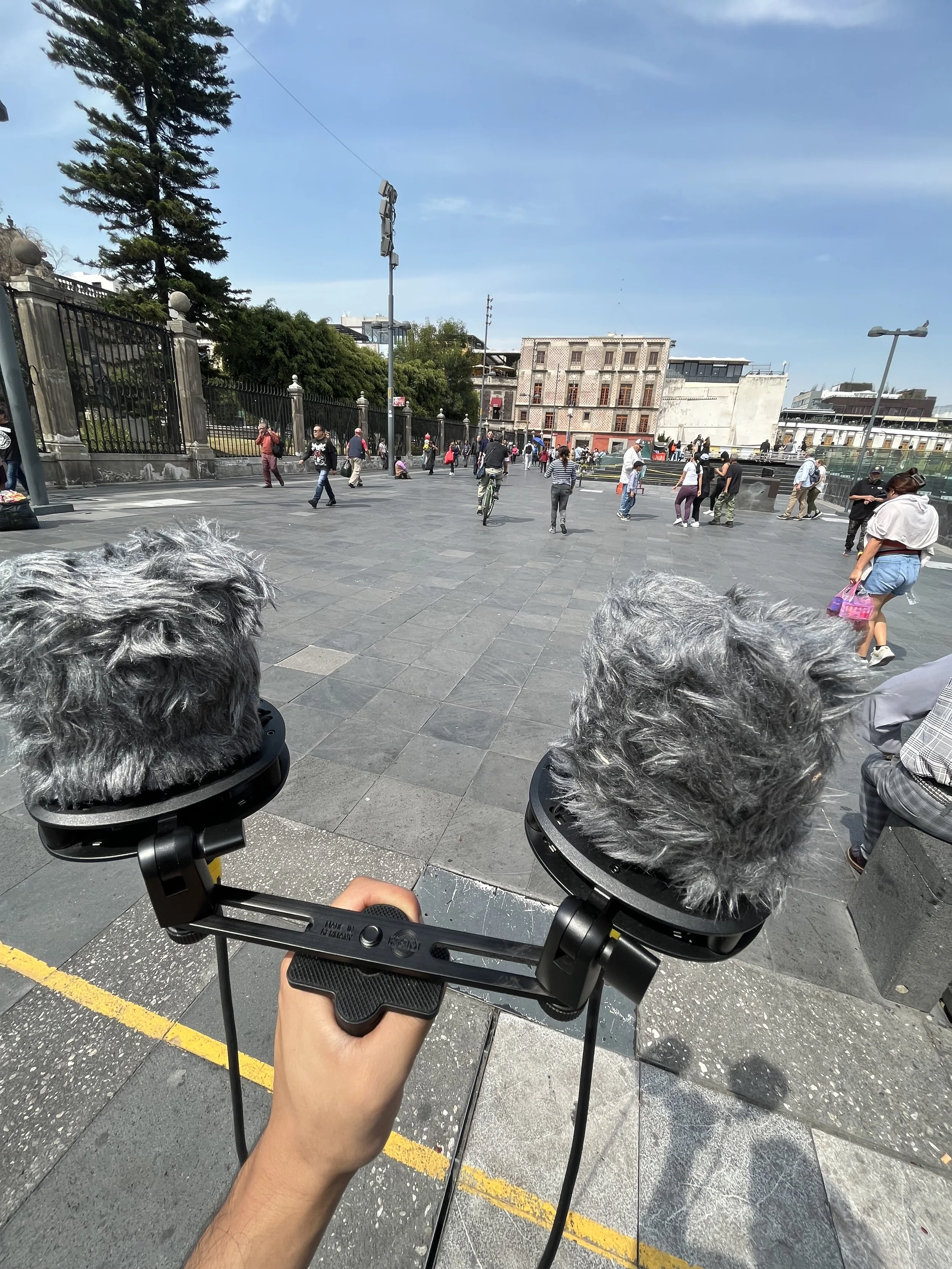 Person holding a gimbal with two furry grey microphone covers, capturing a scene in a city square with people walking around, buildings, and trees in the background.