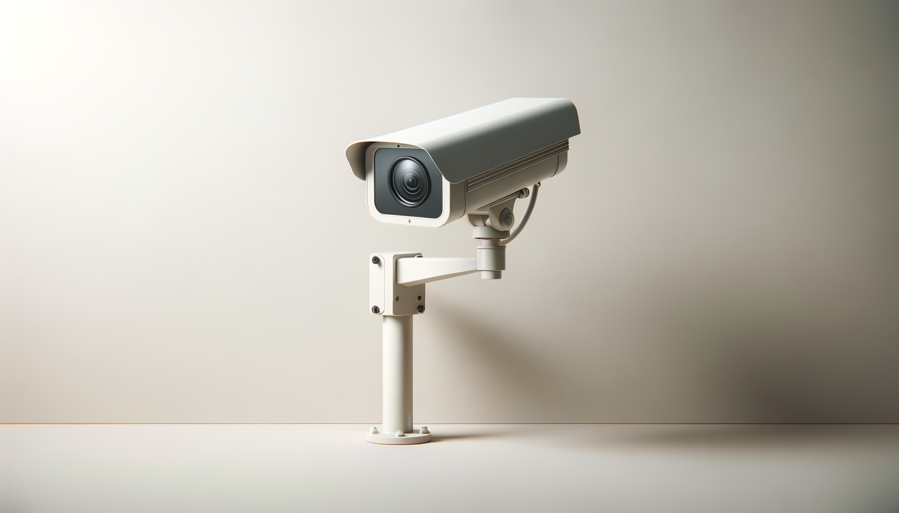 A white security camera mounted on a white pole against a plain beige background.