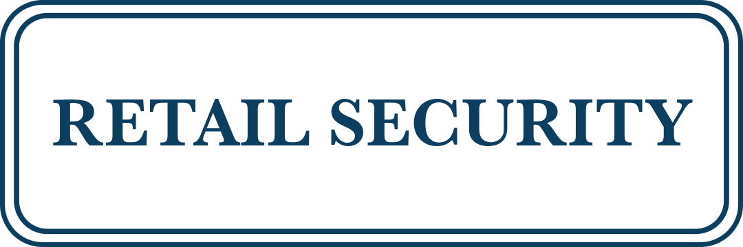 Retail security sign with a white background and blue border and text.