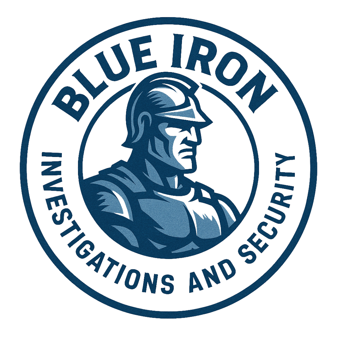 Badge for the Blue Iron Investigations and security featuring a soldier in a helmet with the text "Blue Iron" at the top and "Inspections and Security" at the bottom.
