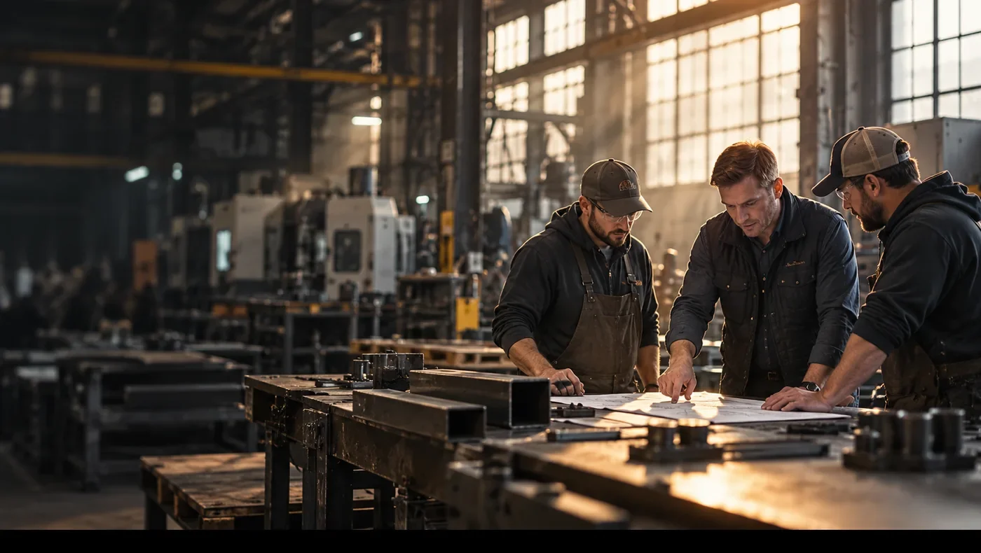Illustrative industrial workshop scene with two people reviewing work; generated image, not an ICP client location.