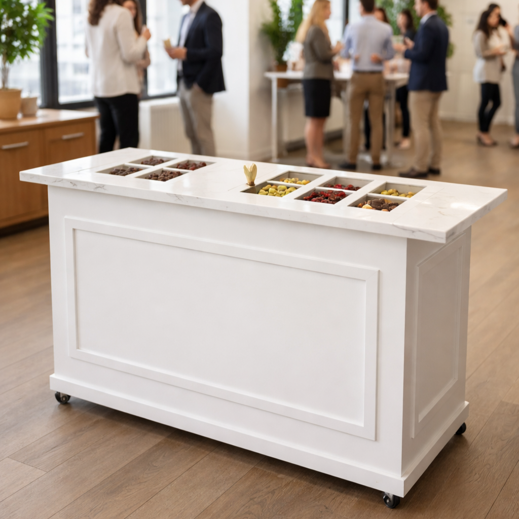 A white marble-topped serving cart with multiple compartments filled with candies and chocolates, in a bright indoor setting with people socializing in the background.