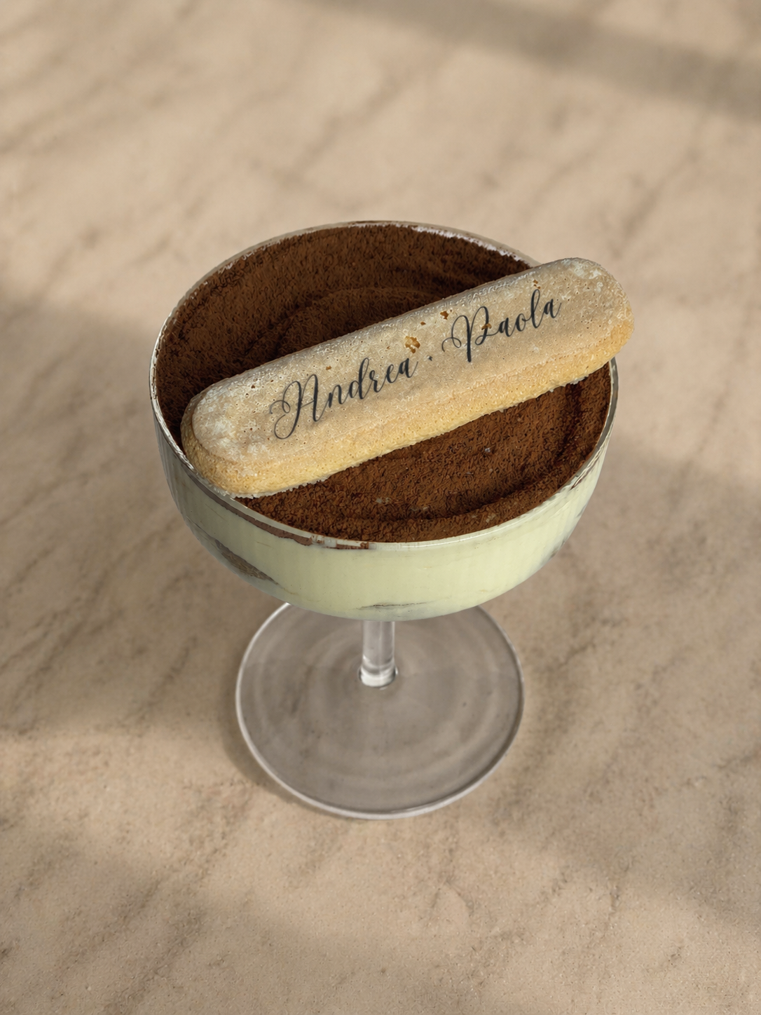personalized cookies on a glass with tiramisu