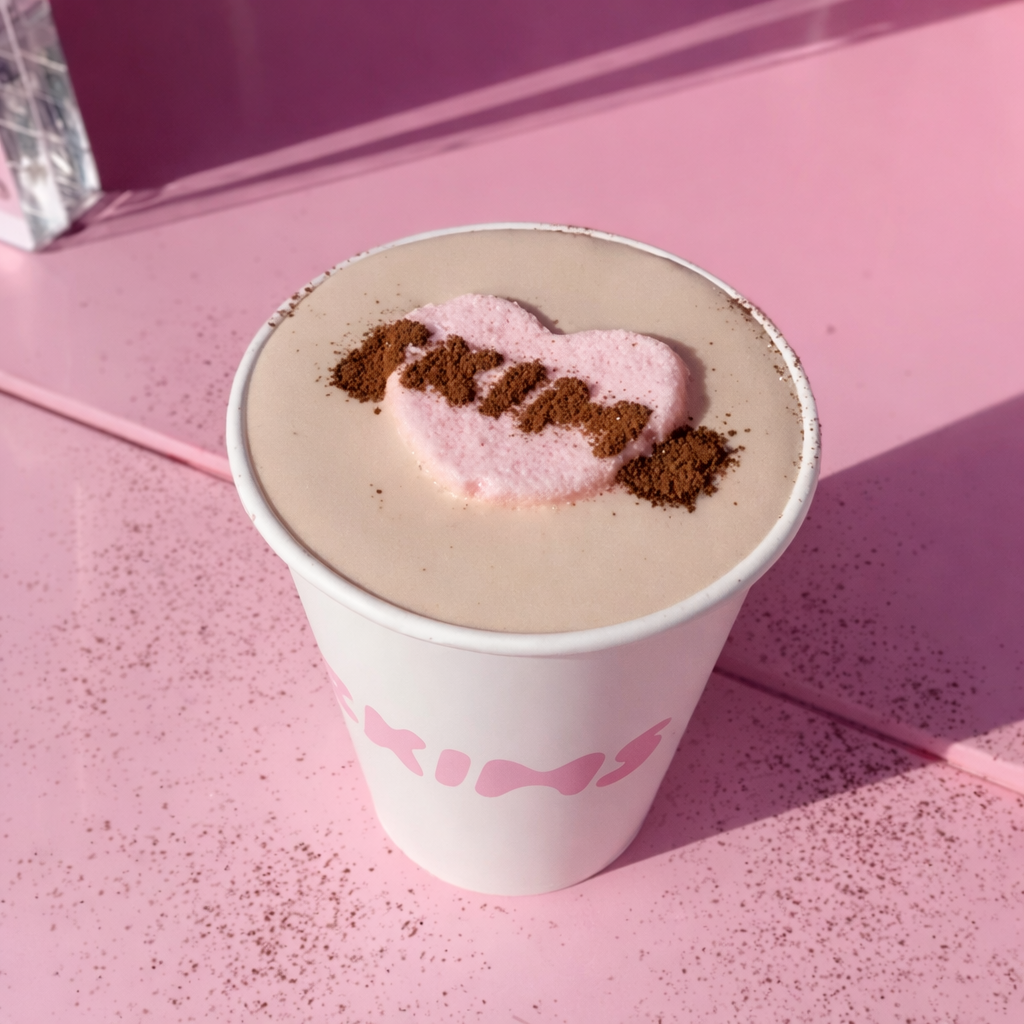A cup of coffee with pink foam and a pink heart-shaped design, decorated with cocoa powder spelling the word "love" across the heart, on a pink table with pink background.