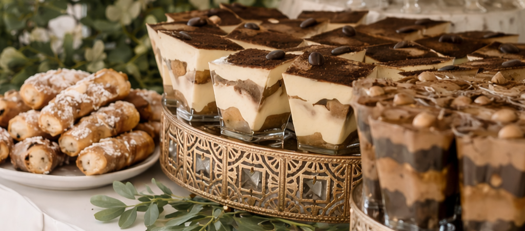 Dessert table with tiramisu cups topped with cocoa powder and coffee beans, and cannoli pastries dusted with powdered sugar, decorated with green leaves.