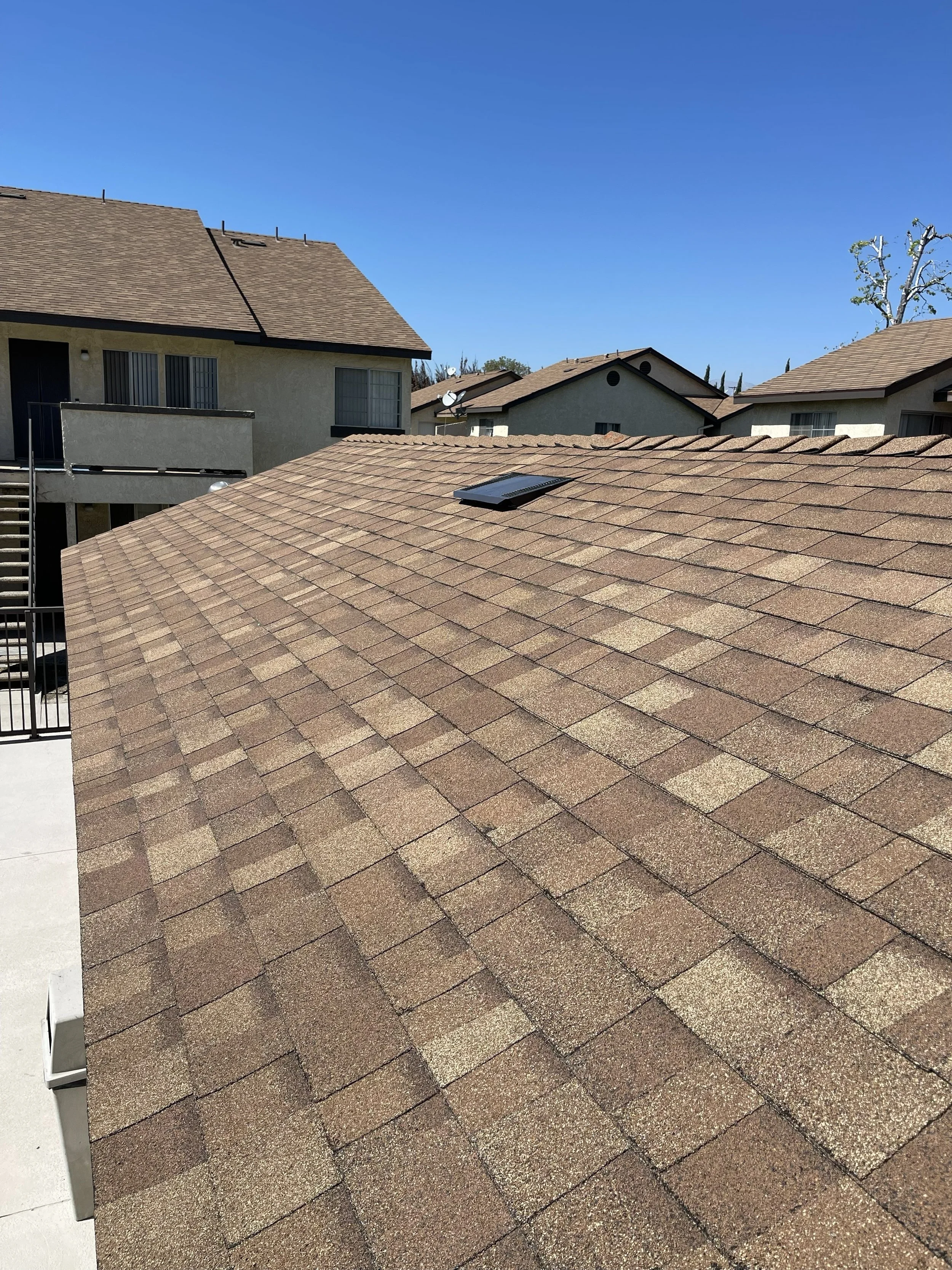 residential rooftops with brown shingle roofs, a solar panel on one roof, and neighboring houses under a clear blue sky.
