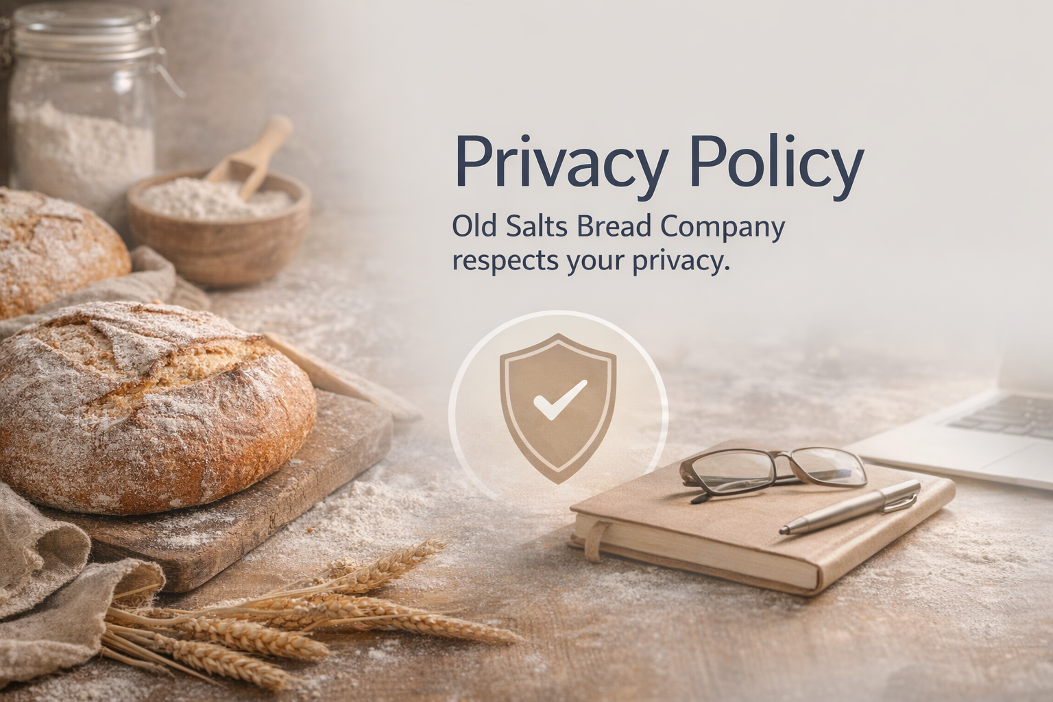 Artisanal bread and baking ingredients on a floured wooden surface – Old Salts Bread Company