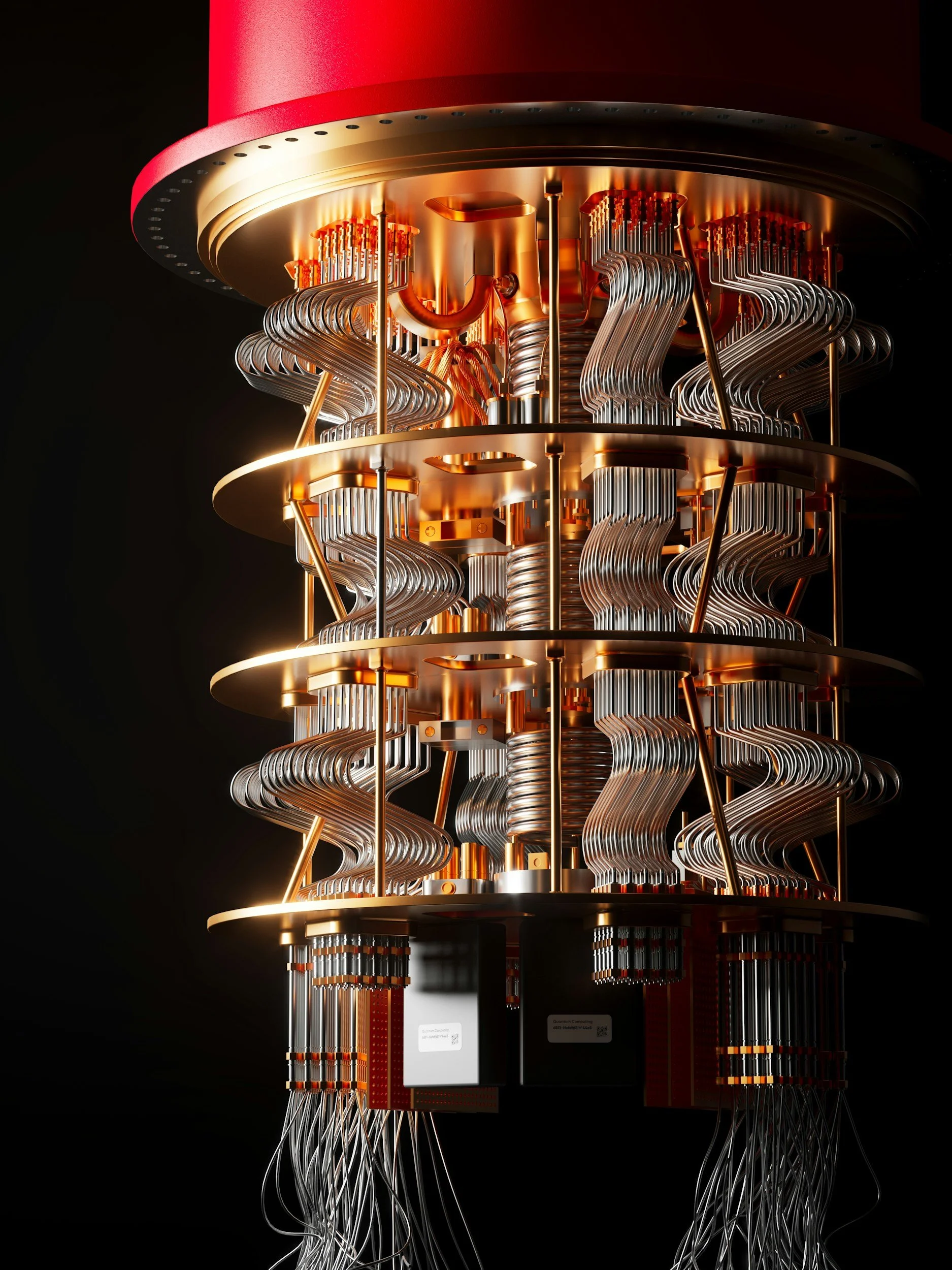 Close-up of a quantum computer with multiple metallic coils and circuits, illuminated by warm lighting, set against a black background.