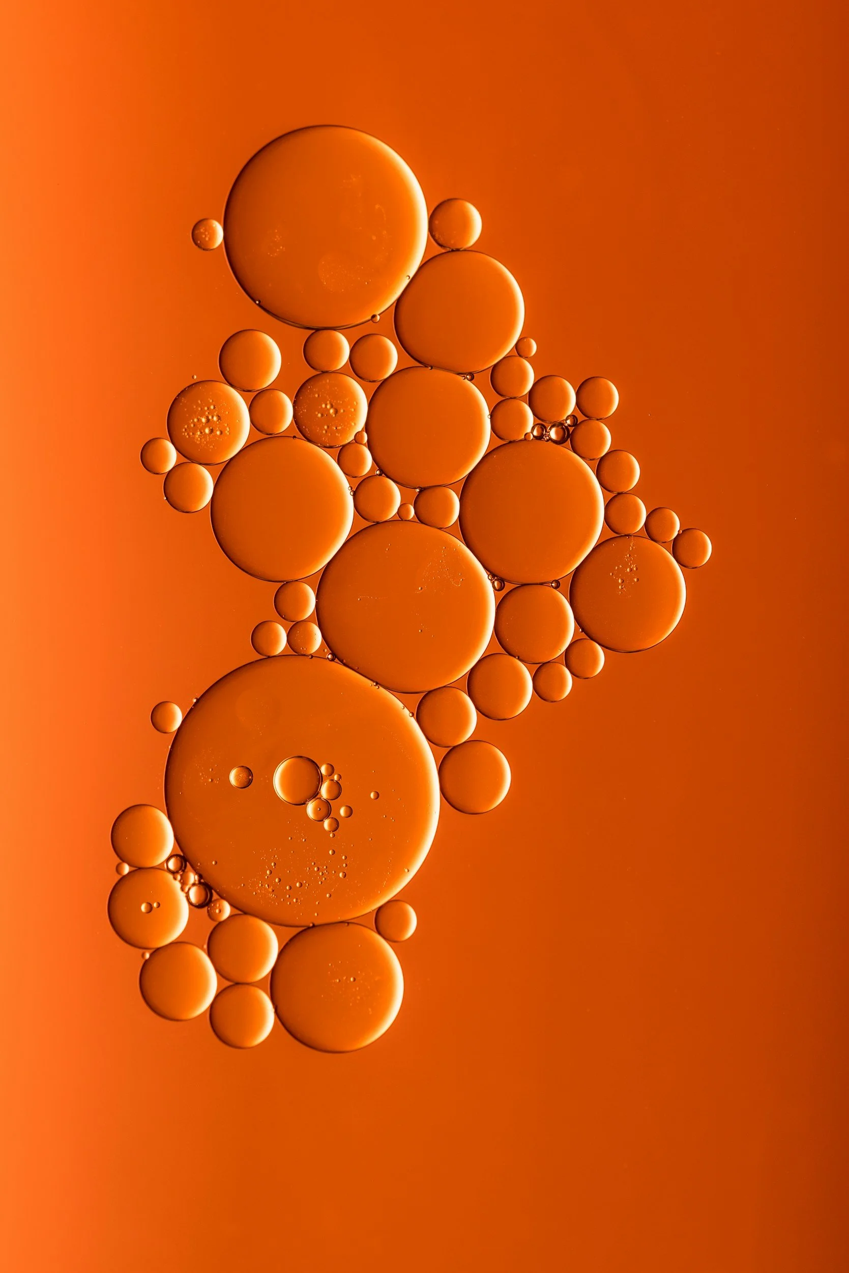 Orange oil drops floating on a bright orange background.