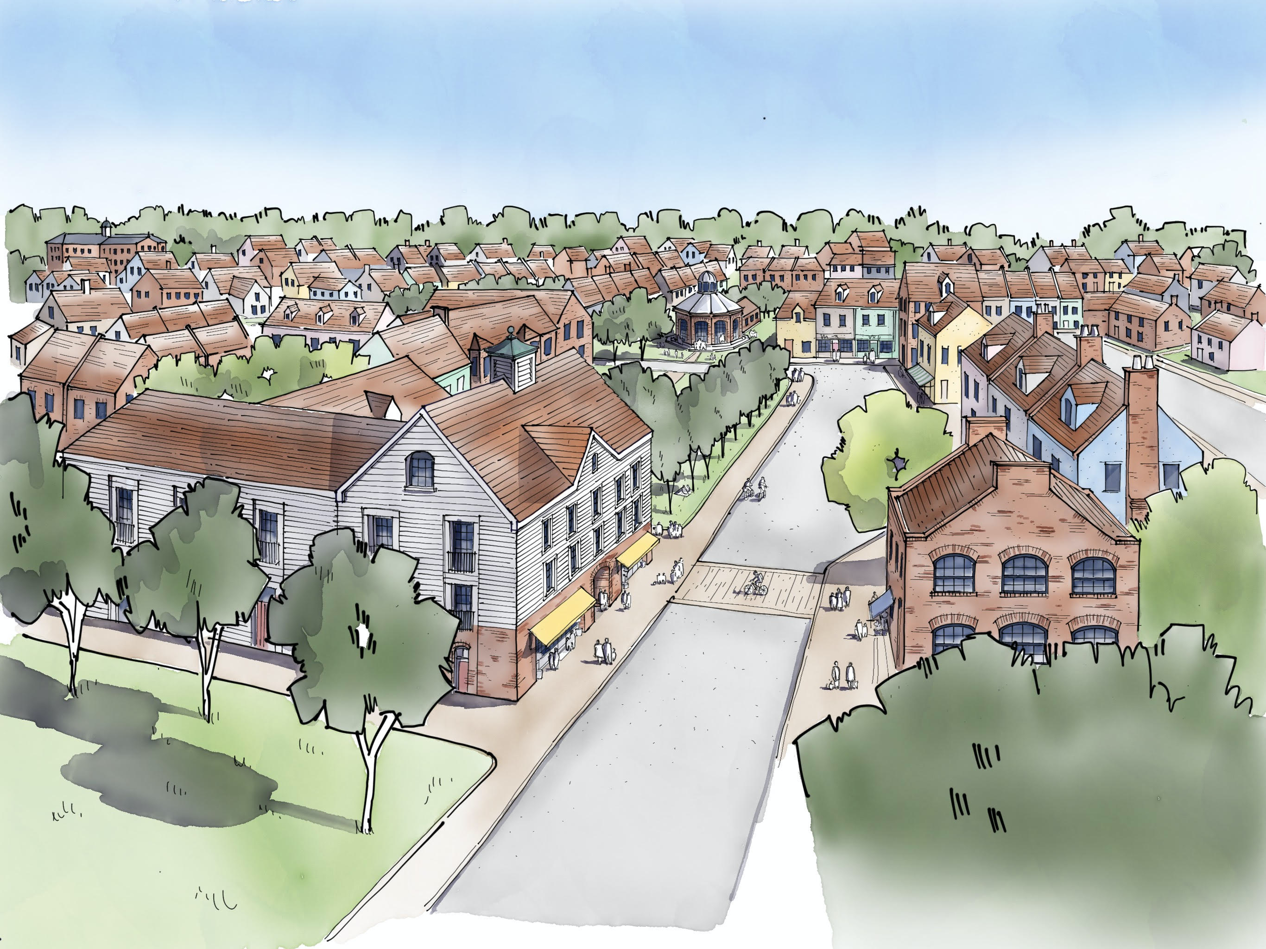 Illustration of Kingswood, a new proposed development in Sussex, with buildings, trees, and a gazebo in the background.