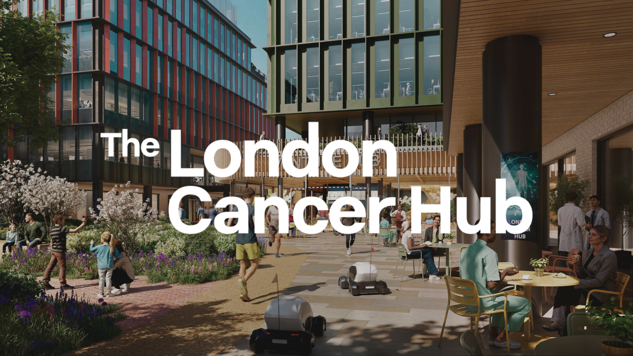 A CGI mock up of tLondon Cancer Hub proposals, with people walking, sitting and interacting. It includes flowering trees, a garden area and robots navigating the pathways. The scene is lively and includes medical professionals and visitors.