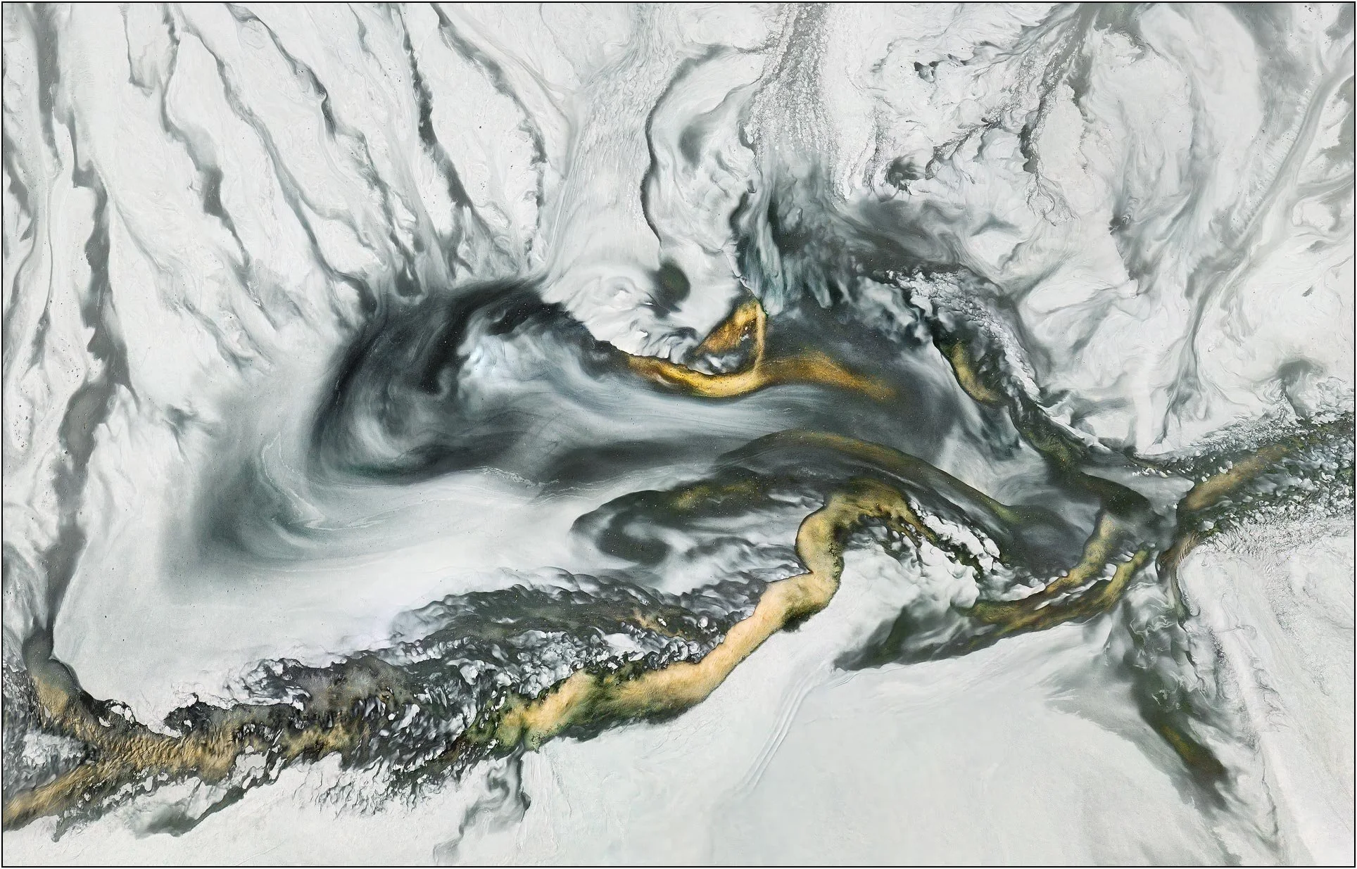 Aerial abstraction with fluid black and gold tones flowing like ink across a soft white field