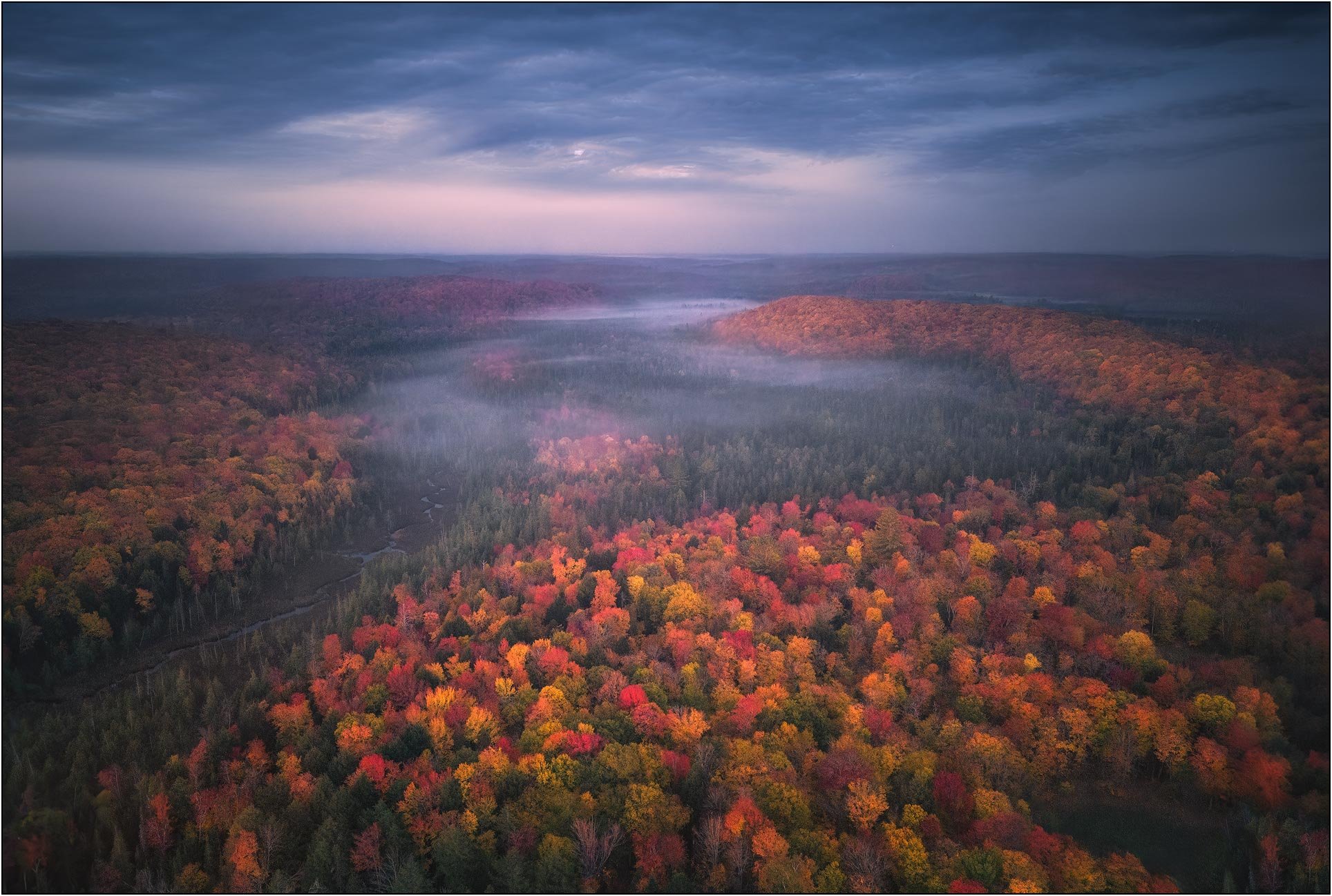 Aerial image of fall colors in Camp Adelaide, Canada.