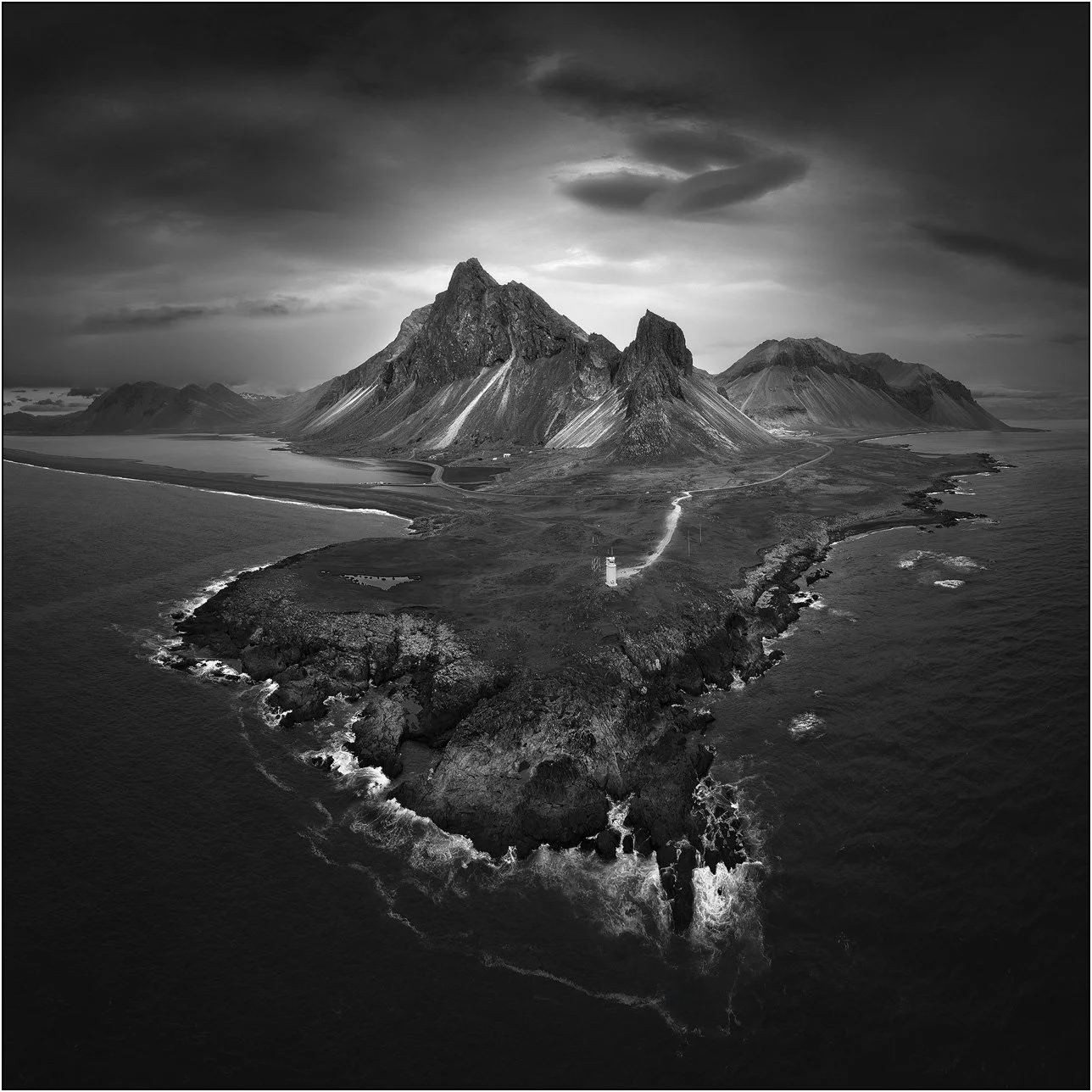 Black and white panoramic aerial view of Vestrahorn, Iceland.
