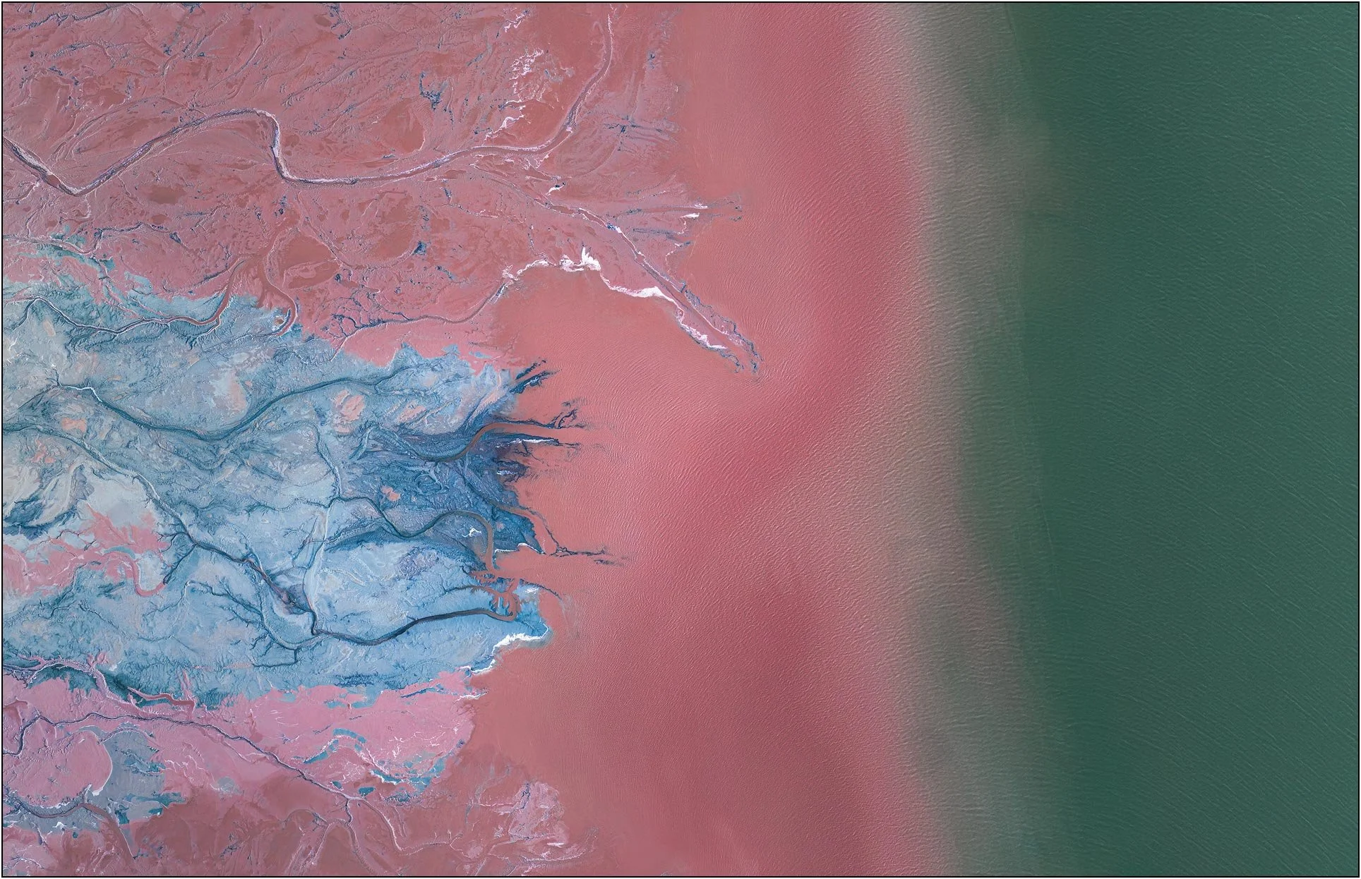 Aerial view of a tailings lake where soft pink sediment meets a calm green water edge
