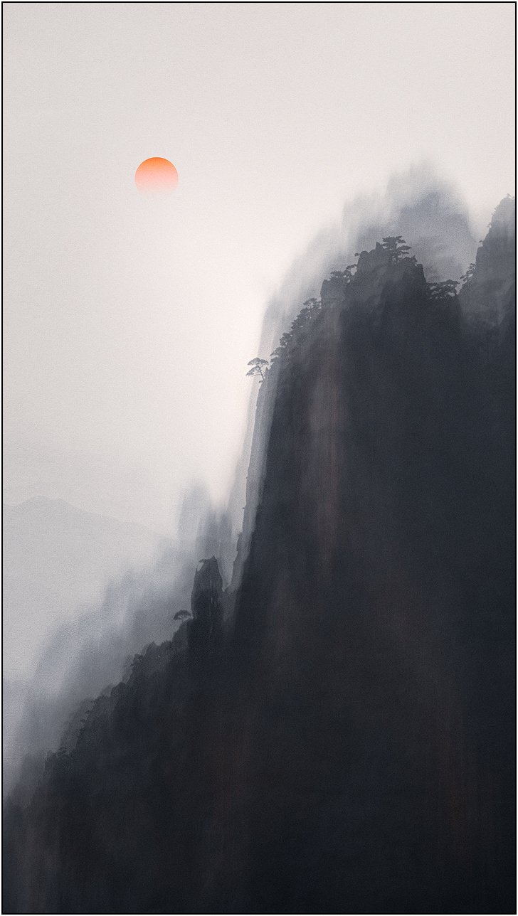 Multiple exposure of mountains in Huangshan, China, creating painterly effect.